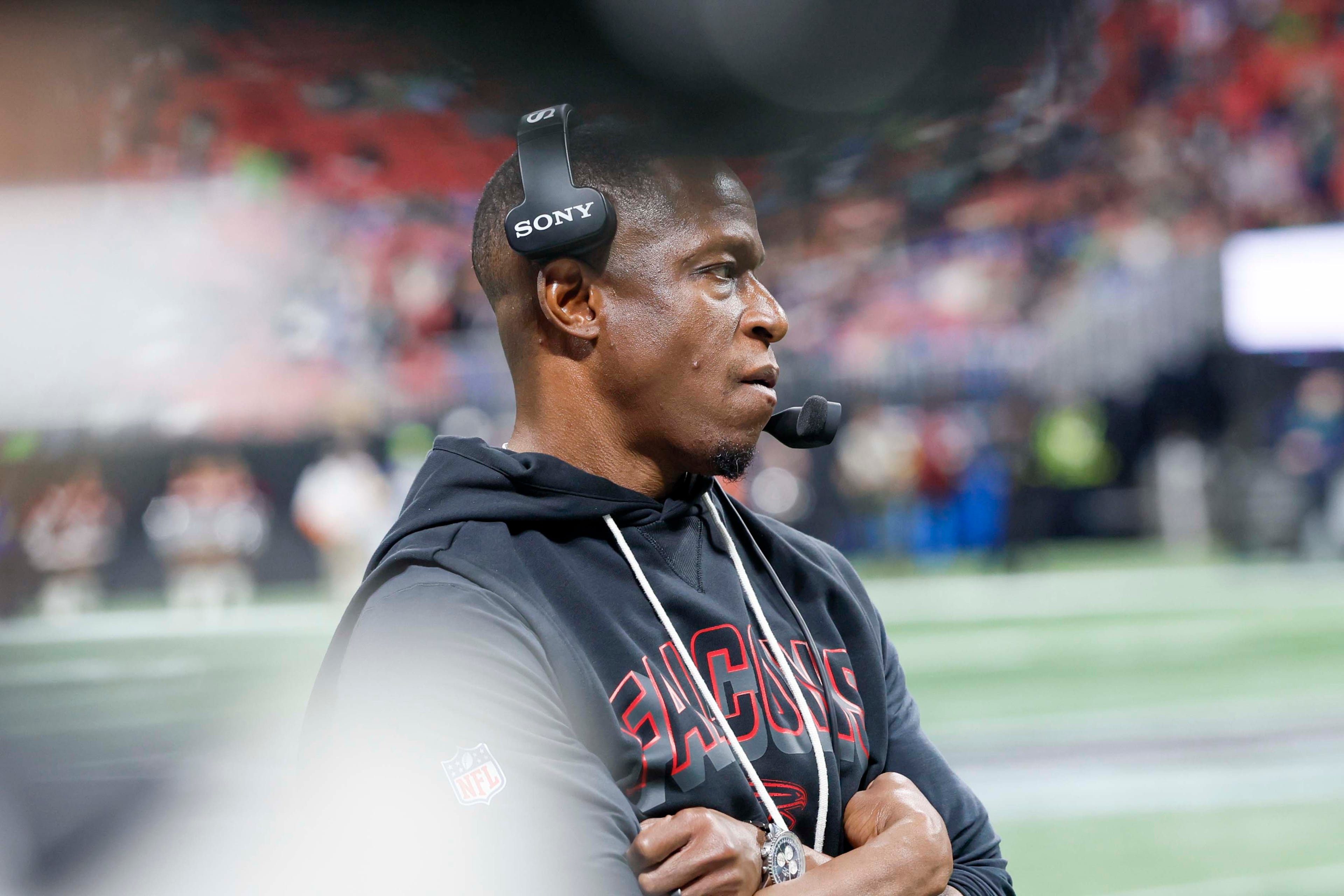 Atlanta Falcons head coach Raheem Morris watches the last seconds of the game as the Seattle Seahawks defeat the Atlanta Falcons 37-9 at Mercedes-Benz Stadium in Atlanta on Sunday, Dec. 7, 2025.
(Miguel Martinez/ AJC)