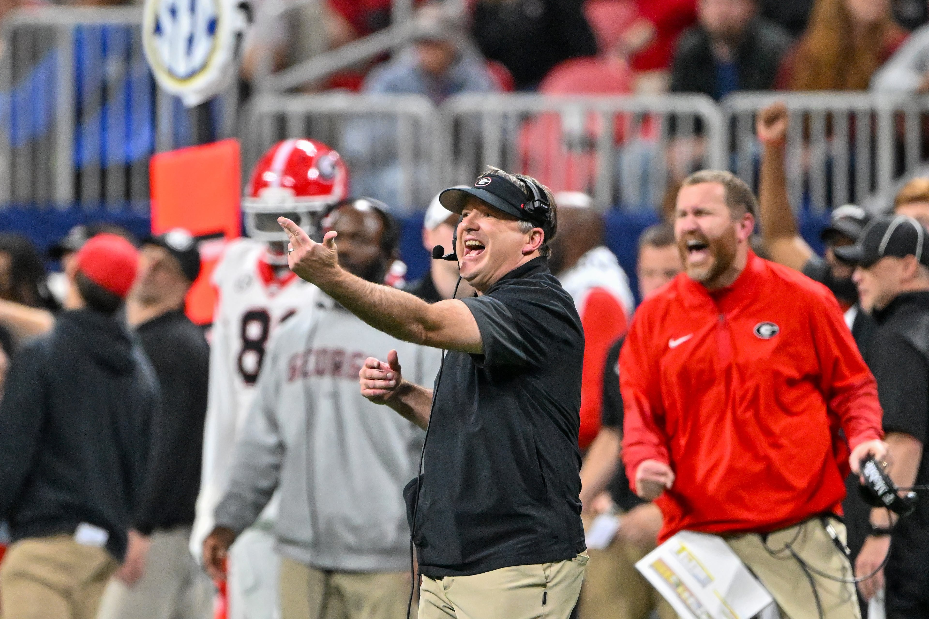 Georgia head coach Kirby Smart reacts against Alabama during the fourth quarter of the SEC Championship game at Mercedes-Benz Stadium, Saturday, Dec. 6, 2025, in Atlanta. Georgia won 28-7. (Hyosub Shin / AJC)