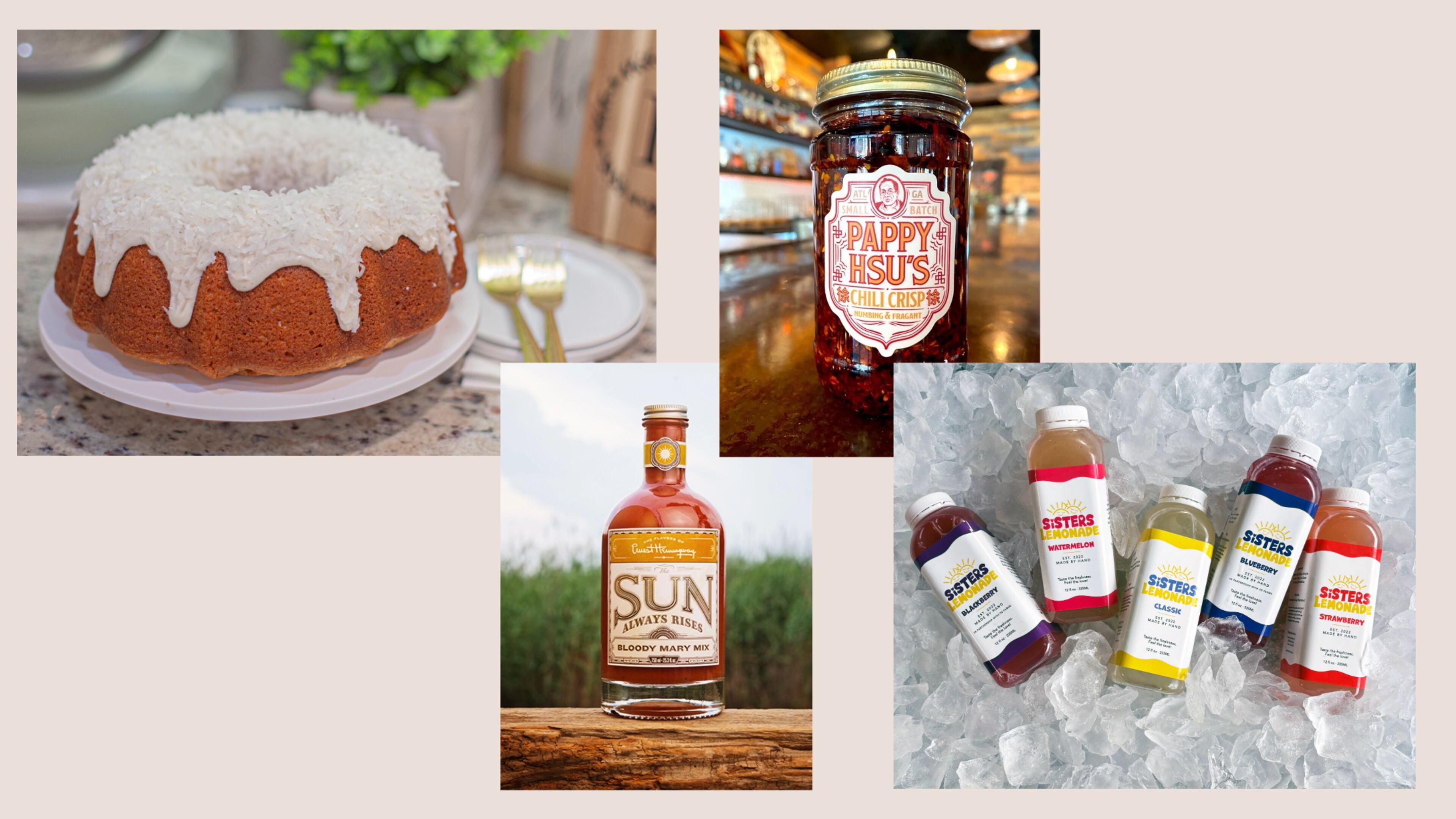 From left: Pound cake (Courtesy of Auntie Kim’s Pound Cakes); Bloody Mary mix (Courtesy of E.H. Gourmet); chile crisp (Courtesy of Madelyn Turner); and lemonade (Courtesy of Sisters Lemonade)