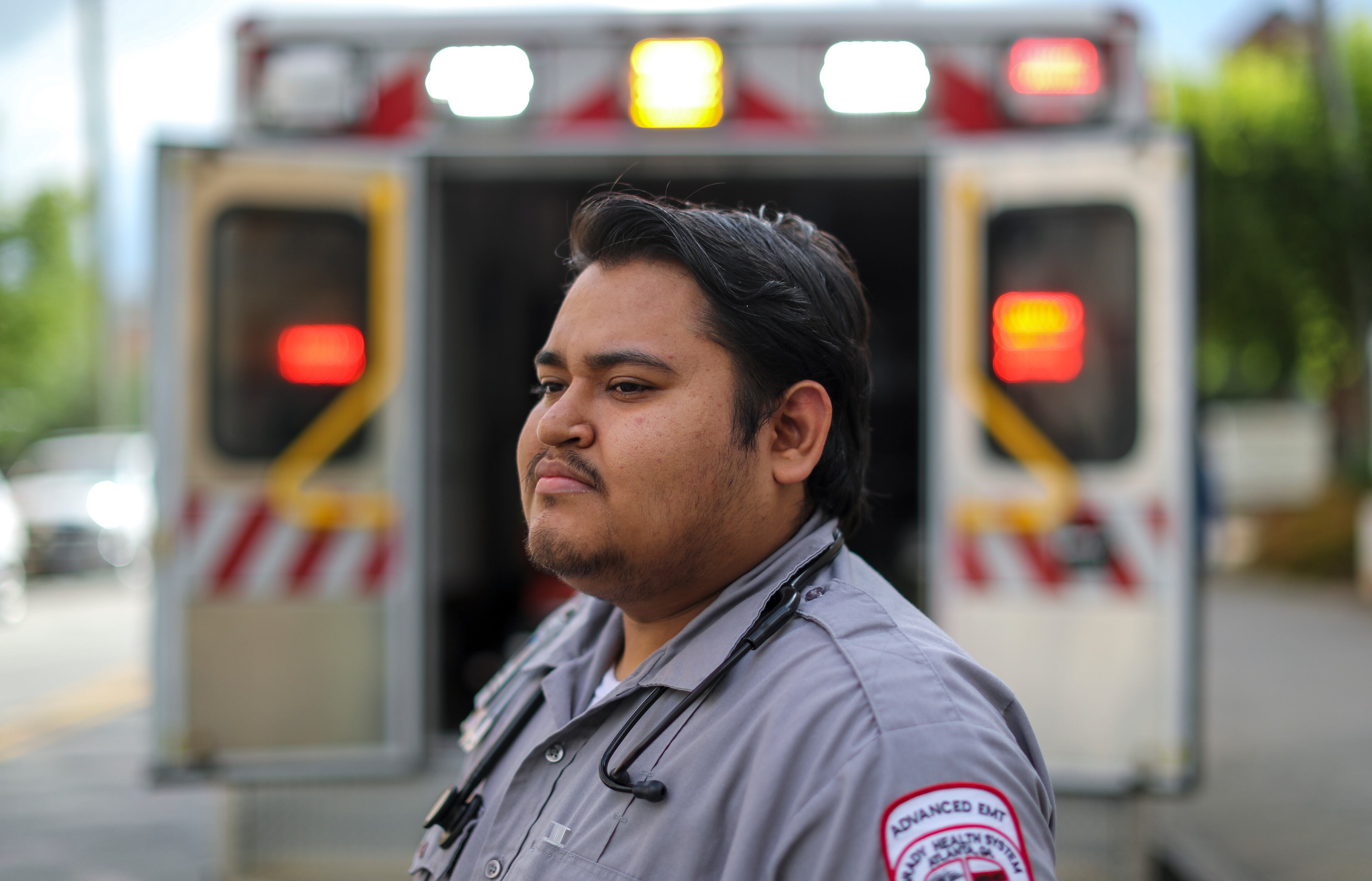 May 19, 2020 Atlanta: Grady EMS Advanced EMT, Victor Ayon. Victor said, "We're here to help people in spite of the pandemic. We're going to keep on helping people no matter what. We like the support from the public. It makes us feel like we're doing a good job, and to continue to do that job." JOHN SPINK/JSPINK@AJC.COM