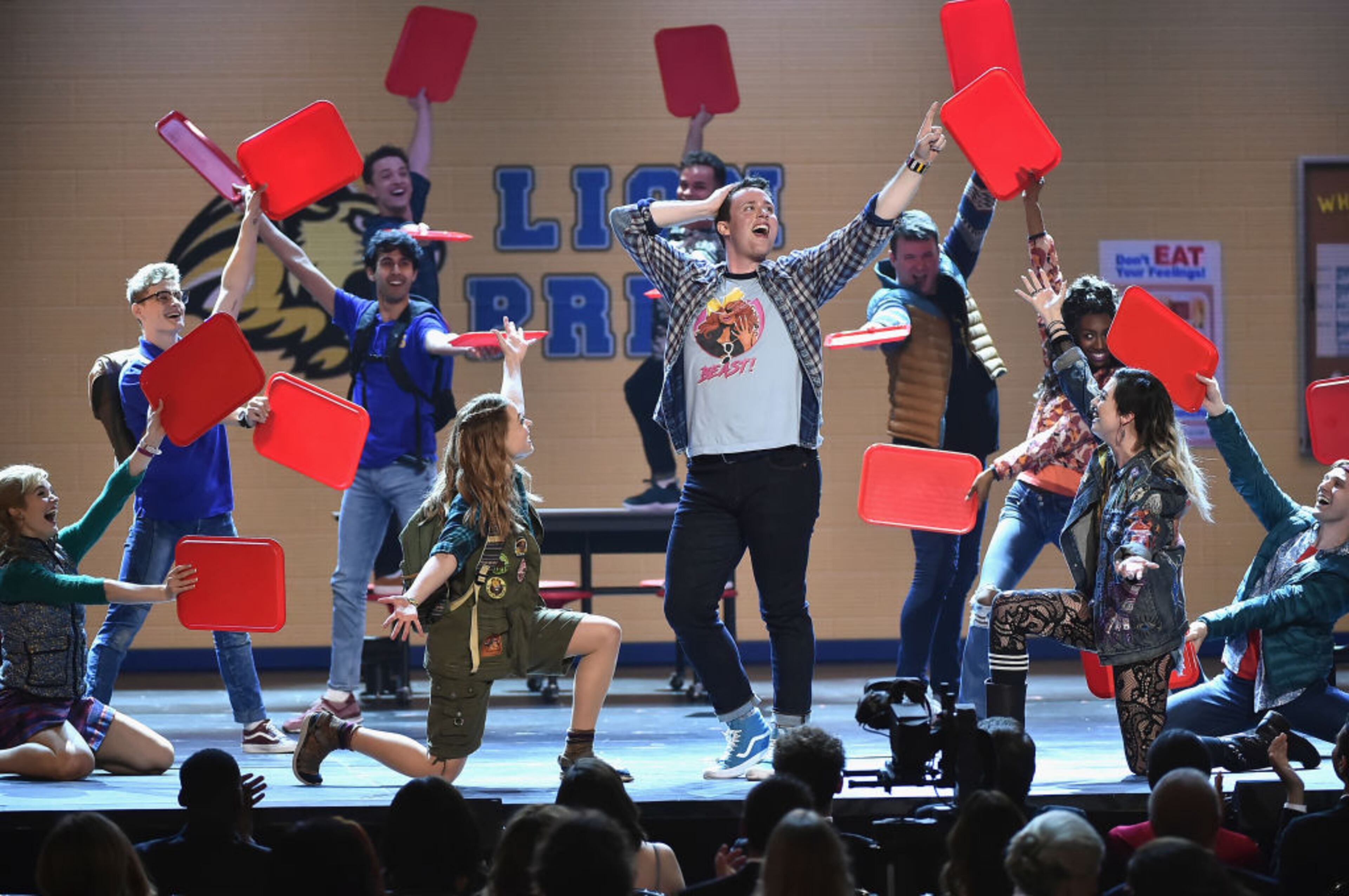 NEW YORK, NY - JUNE 10: Erika Henningsen, Grey Henson, Barrett Wilbert Weed, and the cast of Mean Girls perform onstage during the 72nd Annual Tony Awards at Radio City Music Hall on June 10, 2018 in New York City. (Photo by Theo Wargo/Getty Images for Tony Awards Productions)