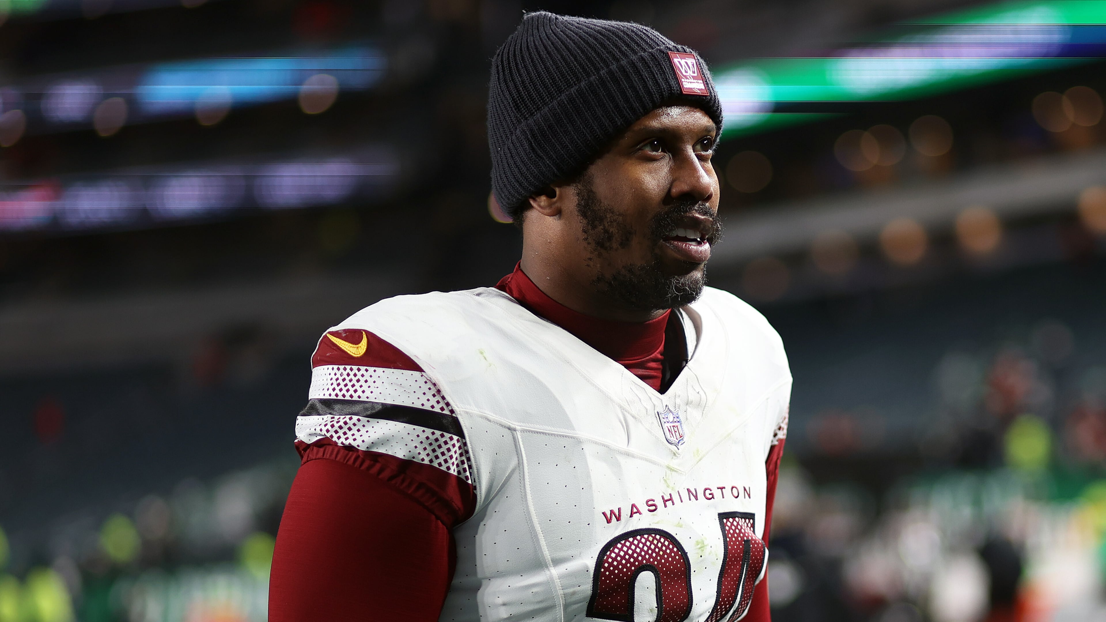 FILE - Washington Commanders linebacker Von Miller (24) looks on after an NFL football game against the Philadelphia Eagles, on Jan. 4, 2026, in Philadelphia. (AP Photo/Daniel Kucin Jr., File)