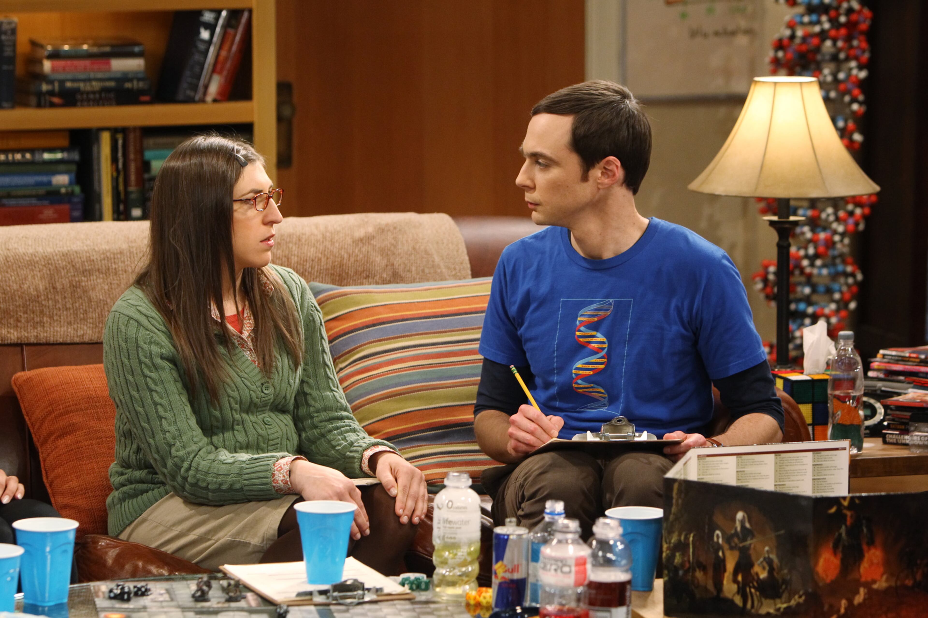 Mayim Bialik as Amy and Jim Parsons as Sheldon in "The Big Bang Theory."