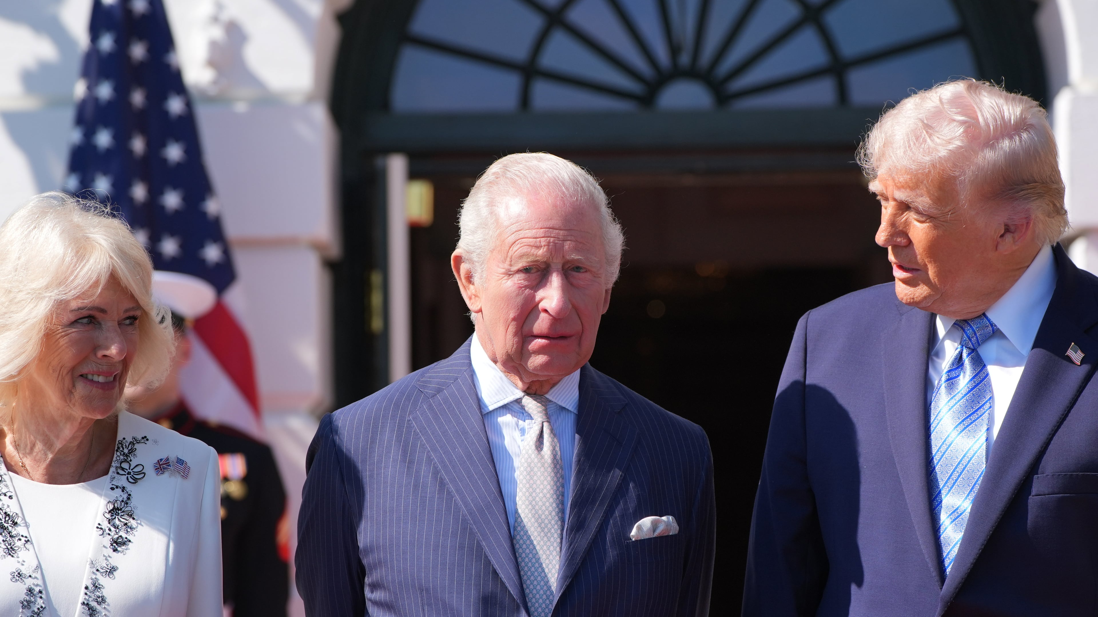 President Donald Trump and first lady Melania Trump greet Britain's King Charles III and Queen Camilla as they arrive at the White House, Monday, April 27, 2026, in Washington. (AP Photo/Alex Brandon)