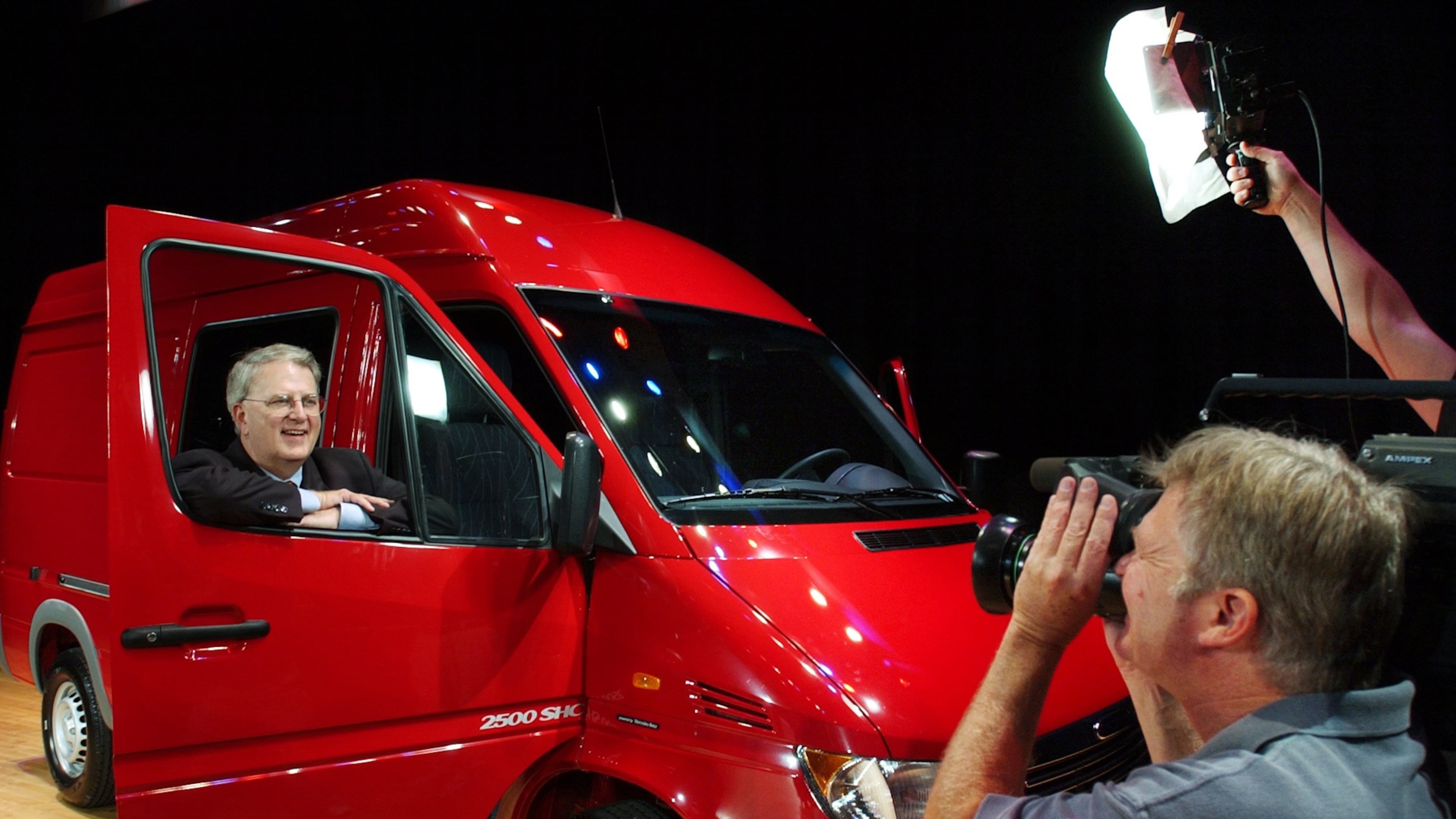 After announcing at a press conference in Savannah that DiamlerChrysler AG had agreed to a site in Pooler, for its new $754 million van plant, Gov. Roy Barnes took advantage of the situation to film a political ad with the Sprinter van in 2002. The factory was never built. (AJC FILE)