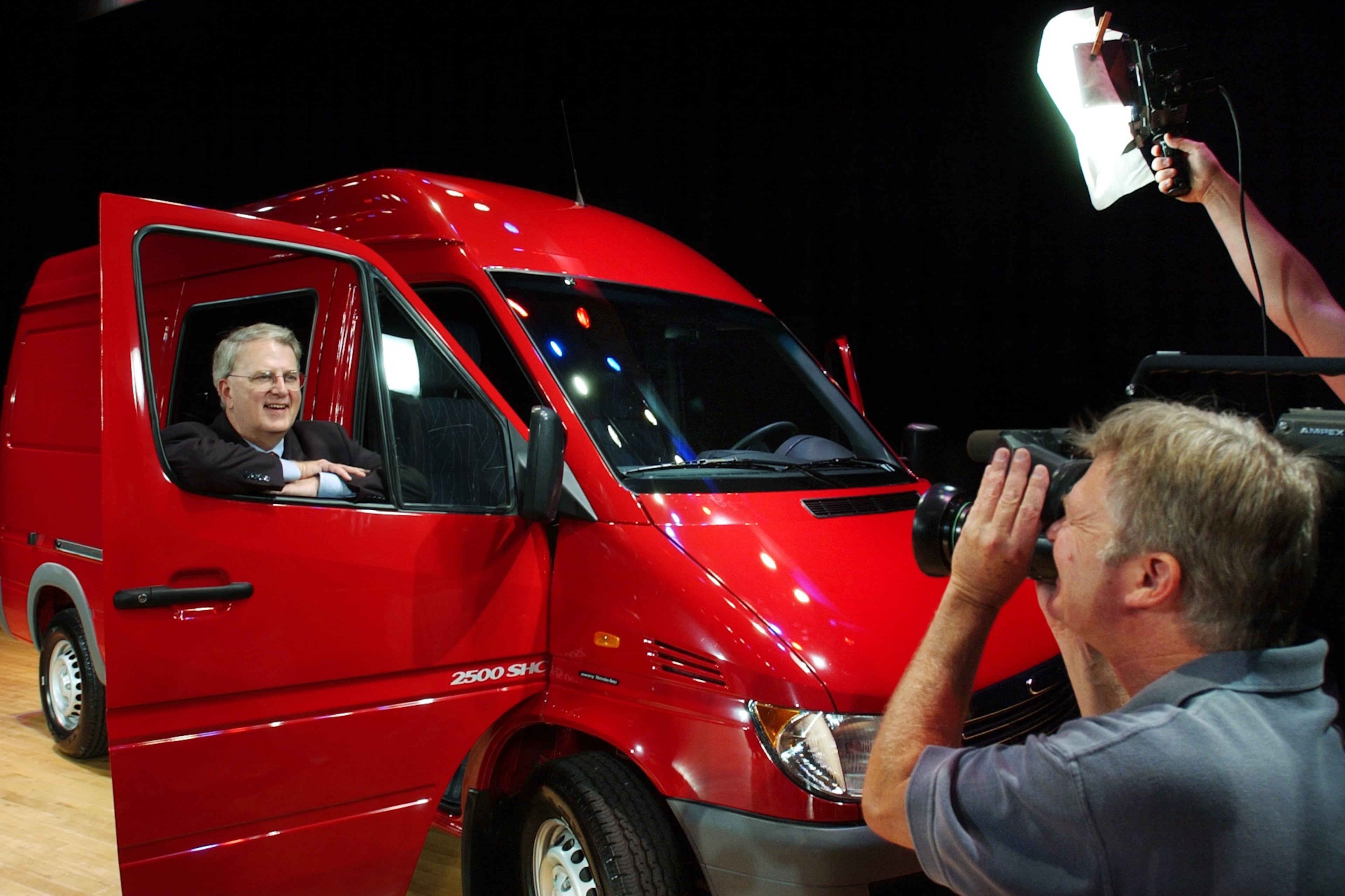 After announcing at a press conference in Savannah that DiamlerChrysler AG had agreed to a site in Pooler, for its new $754 million van plant, Gov. Roy Barnes took advantage of the situation to film a political ad with the Sprinter van in 2002. The factory was never built. (AJC FILE)