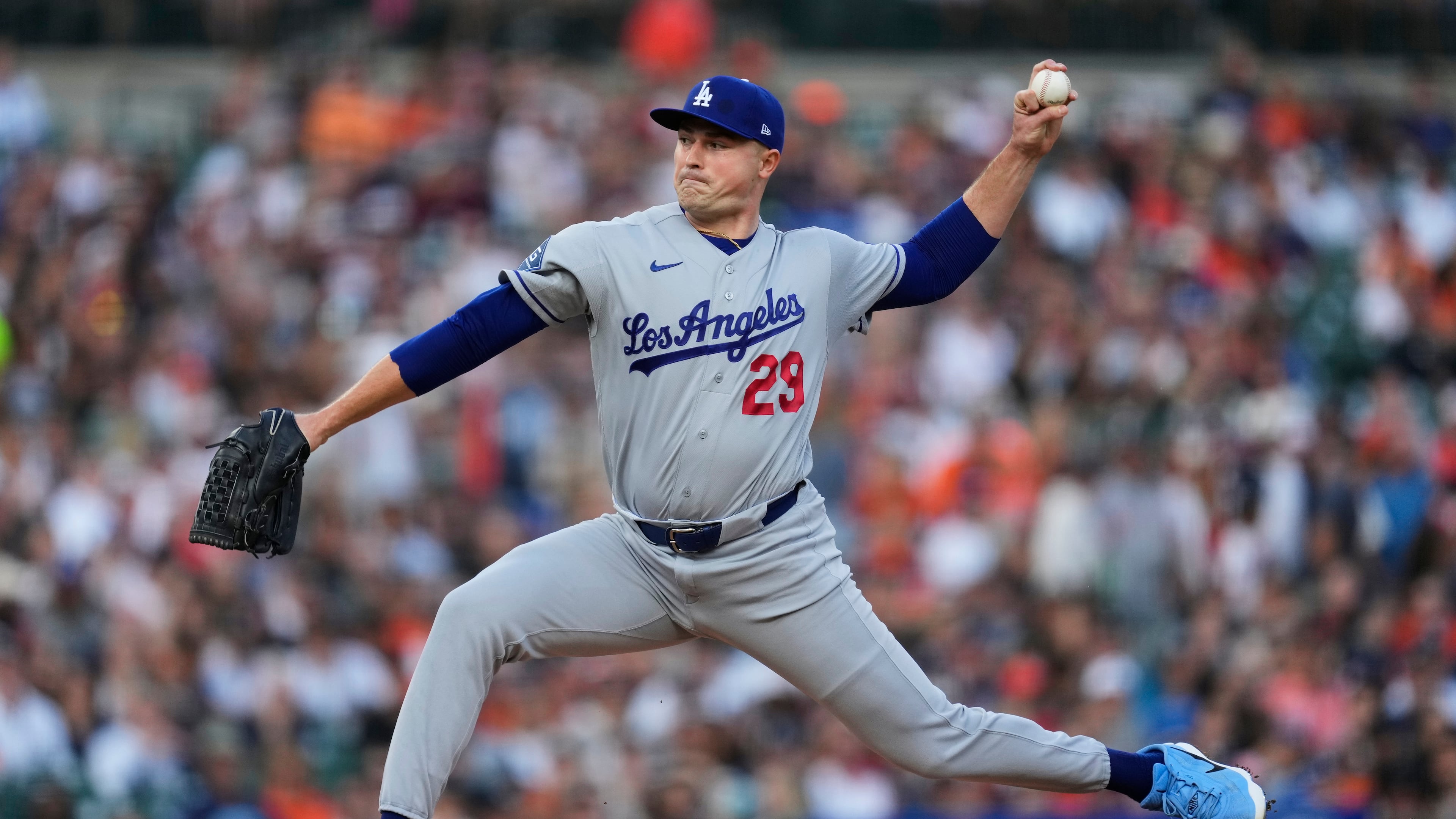 Los Angeles Dodgers pitcher Tarik Skubal throws against the Detroit Tigers during the first inning of a baseball game Friday, Aug. 28, 2026, in Detroit. (AP Photo/Paul Sancya)