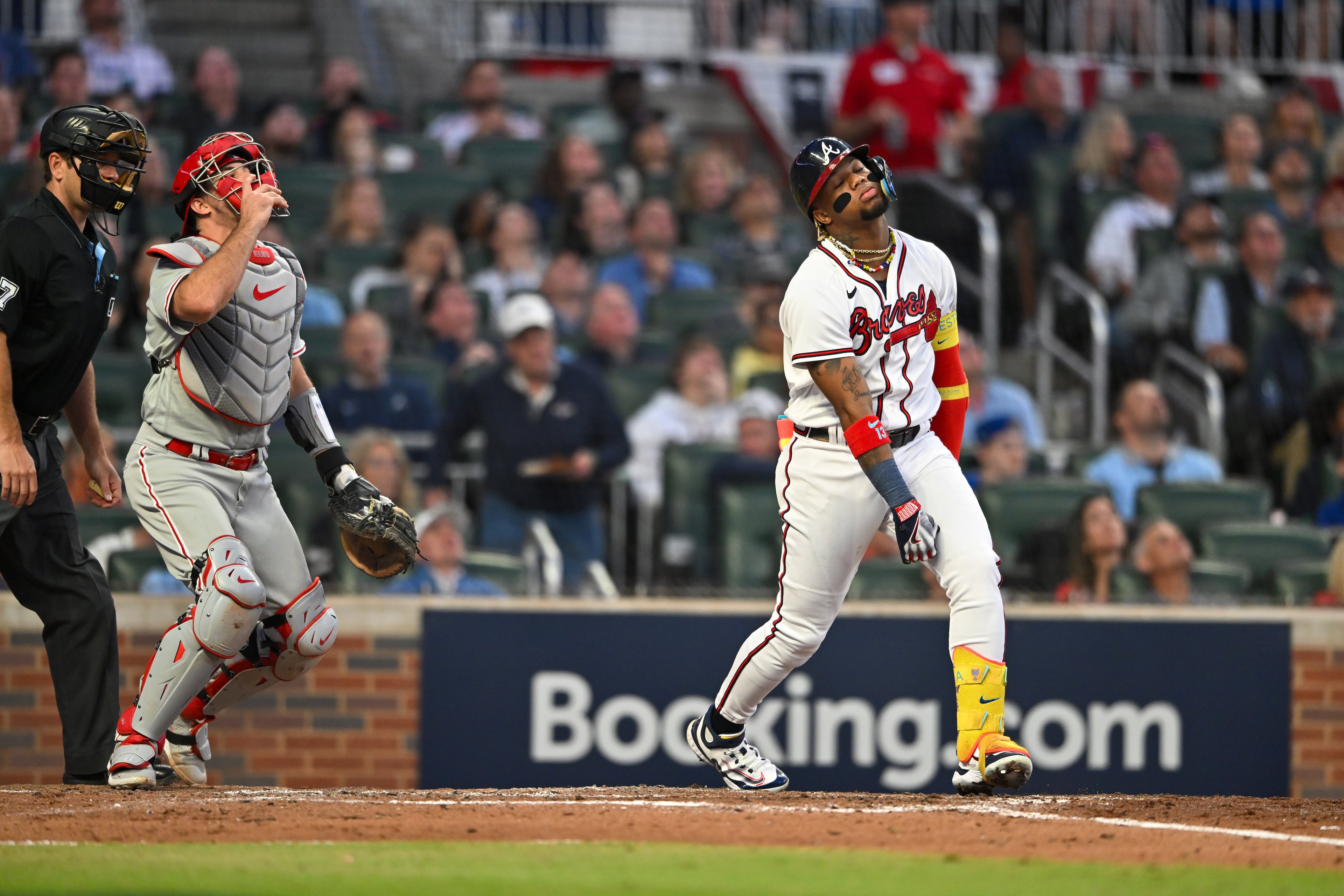 Atlanta Braves right fielder Ronald Acuna Jr. (13) watches a pop fly out to end the third inning of NLDS Game 2 against the Philadelphia Phillies in Atlanta on Monday, Oct. 9, 2023. (Hyosub Shin / Hyosub.Shin@ajc.com)