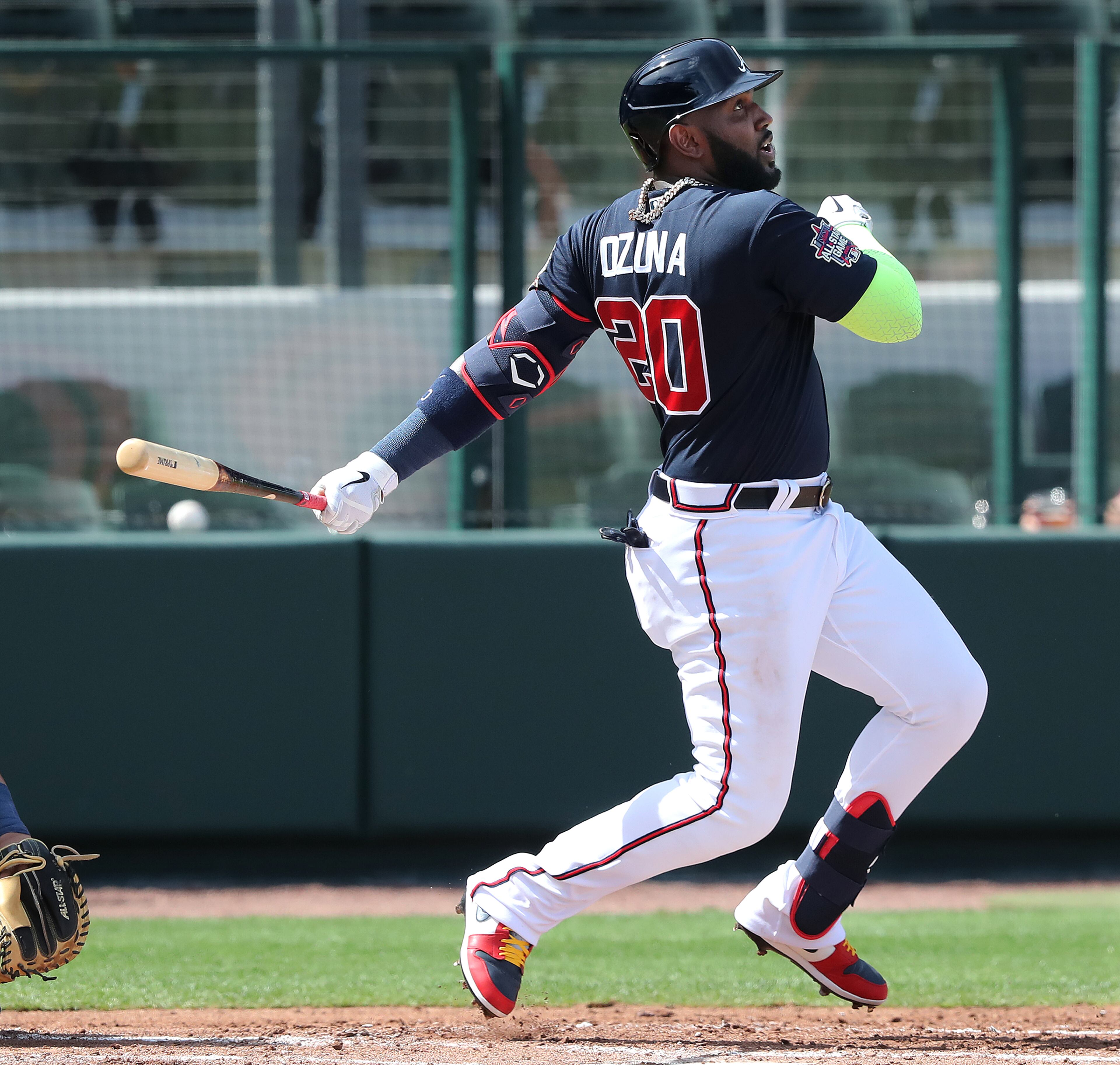 Braves outfielder Marcell Ozuna hits his second of two back to back singles against the Minnesota Twins. Curtis Compton / Curtis.Compton@ajc.com”