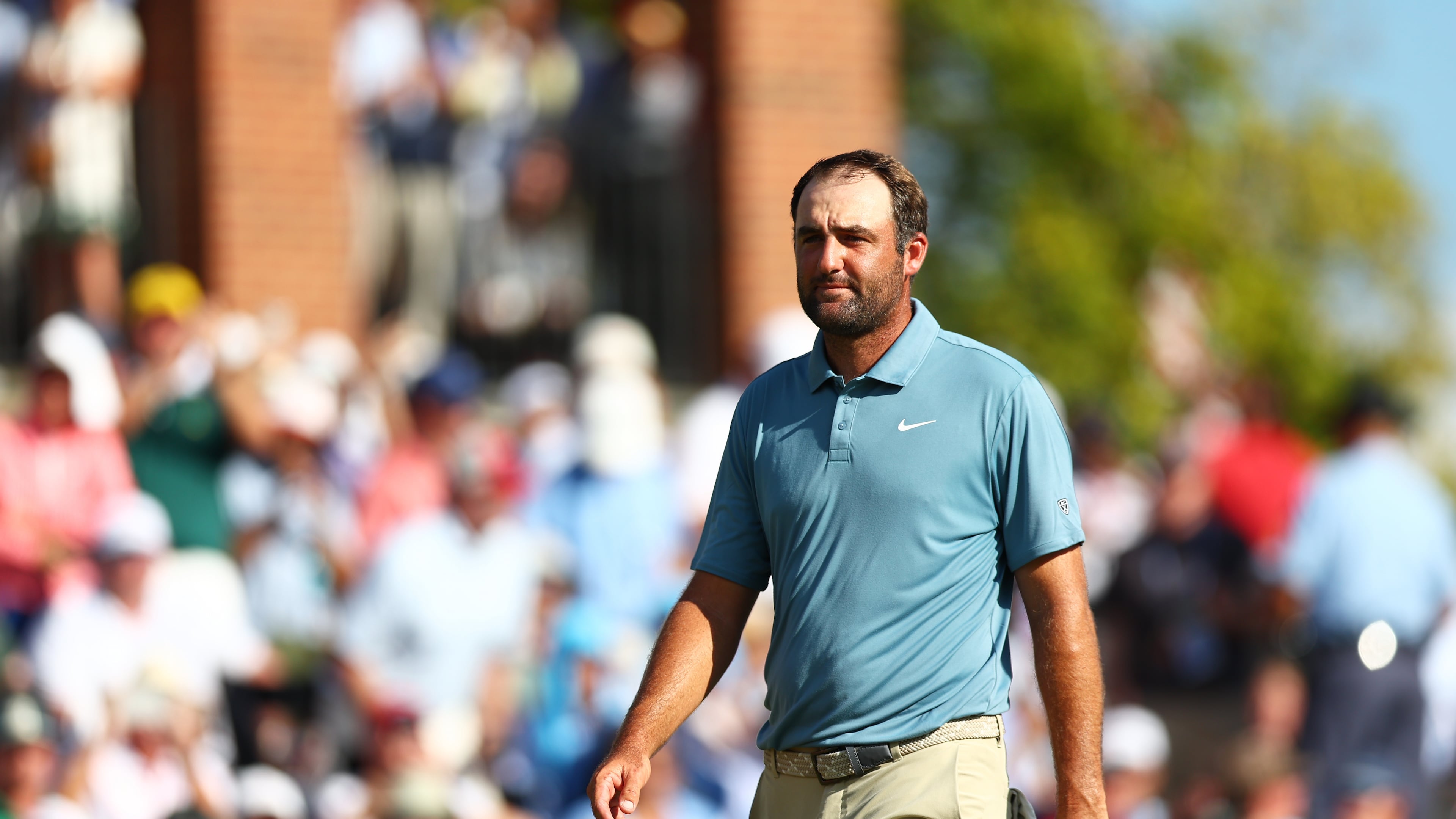 Scottie Scheffler walks off the 18th green during the final round of the PGA Tour Championship golf tournament Sunday, Aug. 30, 2026, in Atlanta. (AP Photo/Colin Hubbard)