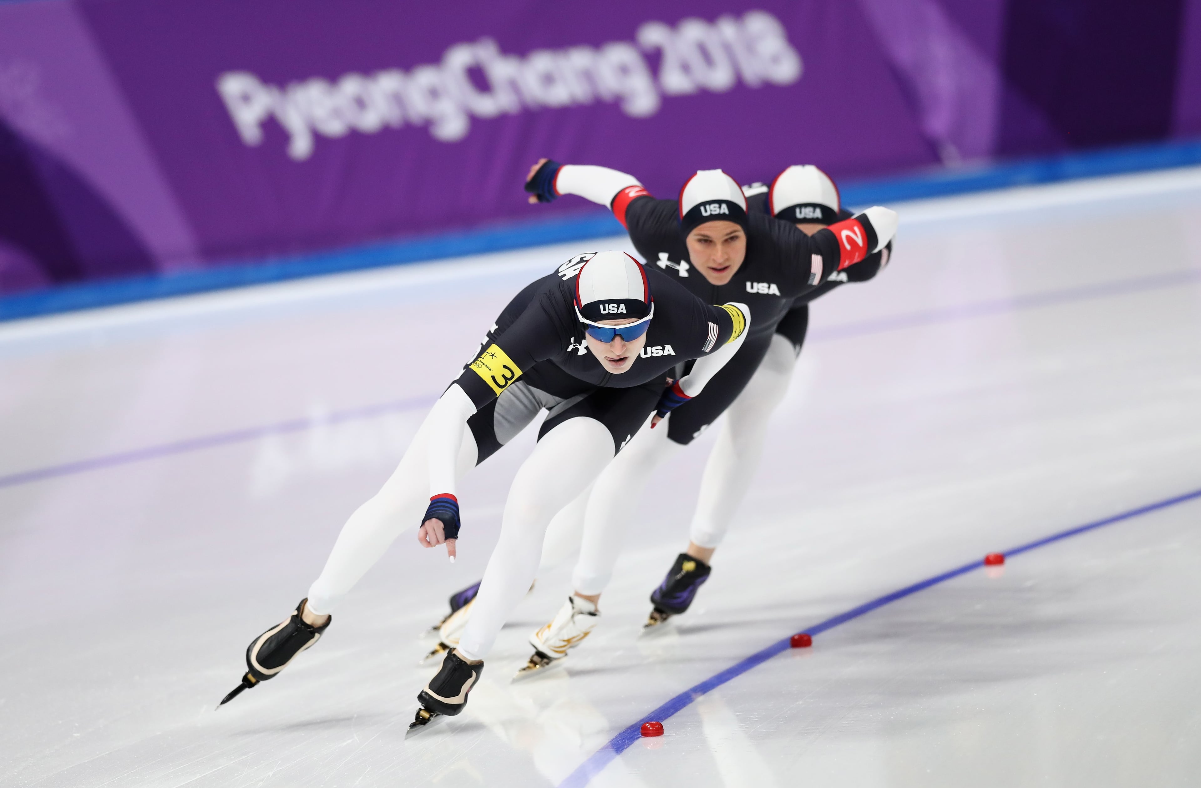 GANGNEUNG, SOUTH KOREA - FEBRUARY 19: Mia Manganello, Brittany Bowe and Heather Bergsma of the United States compete during the Ladies' Team Pursuit Speed Skating Quarterfinals on day 10 of the PyeongChang 2018 Winter Olympic Games at Gangneung Oval on February 19, 2018 in Gangneung, South Korea. (Photo by Ronald Martinez/Getty Images)