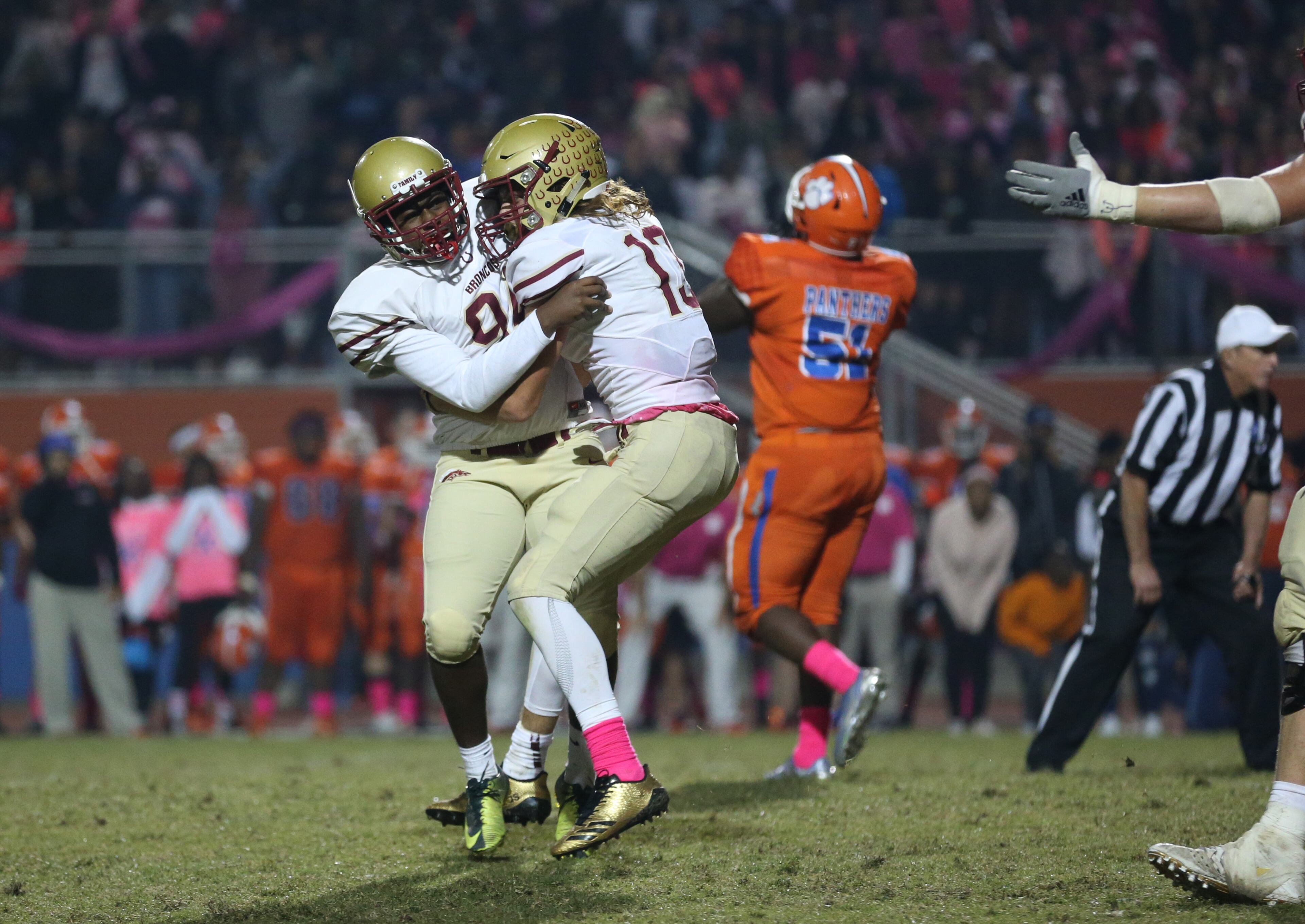 October 20, 2017 - Lilburn, Ga: Brookwood kicker Jonah Randle (94, left) celebrates his game-winning field goal with holder Cameron Barrington (13) in the second half of their game against Parkview at Parkview High School Friday, October 20, 2017, in Lilburn, Ga.. Brookwood won 30-27. PHOTO / JASON GETZ