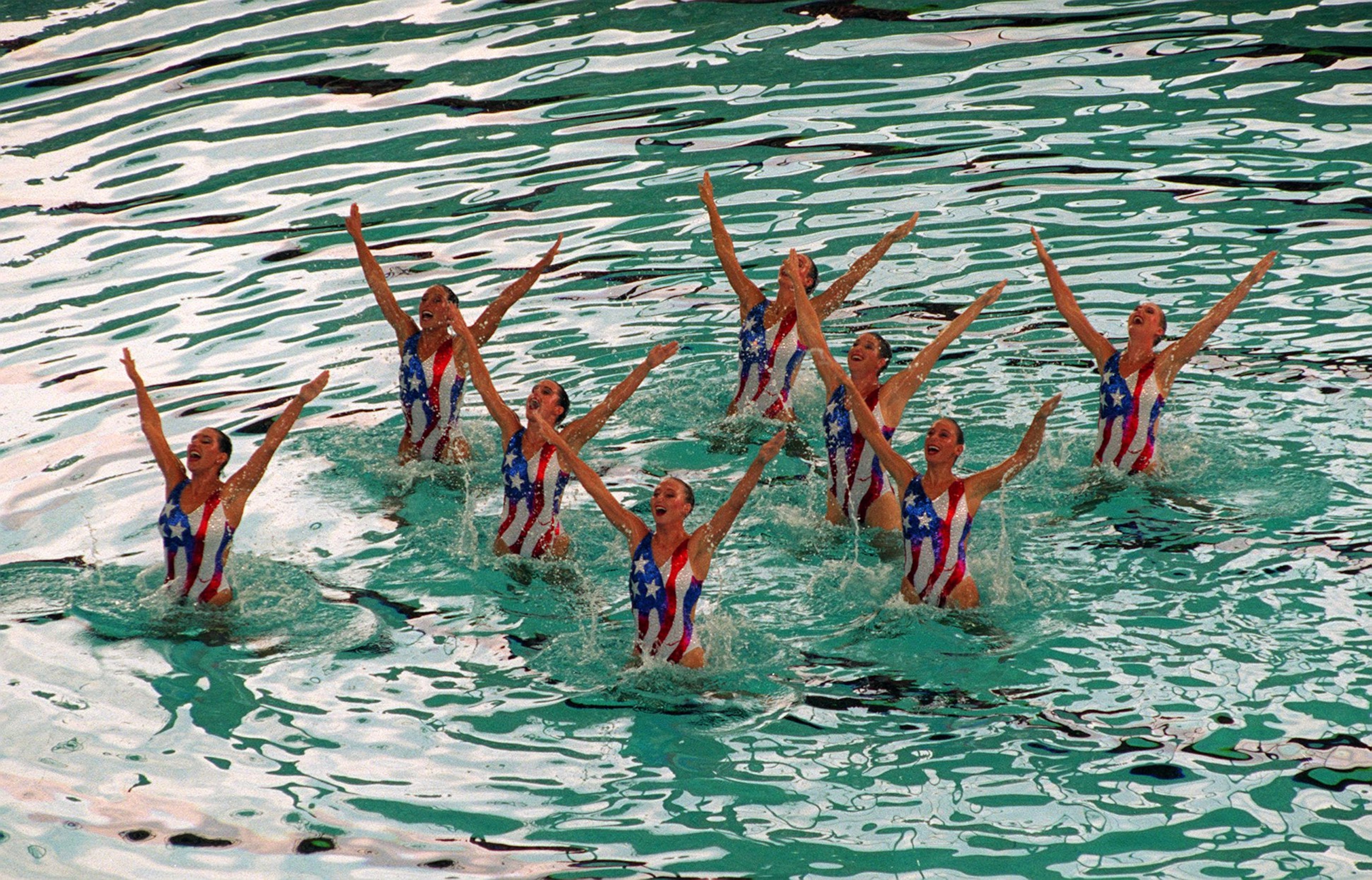 The U.S. synchronized swimming team performs a routine. (AJC Staff Photo/Johnny Crawford)