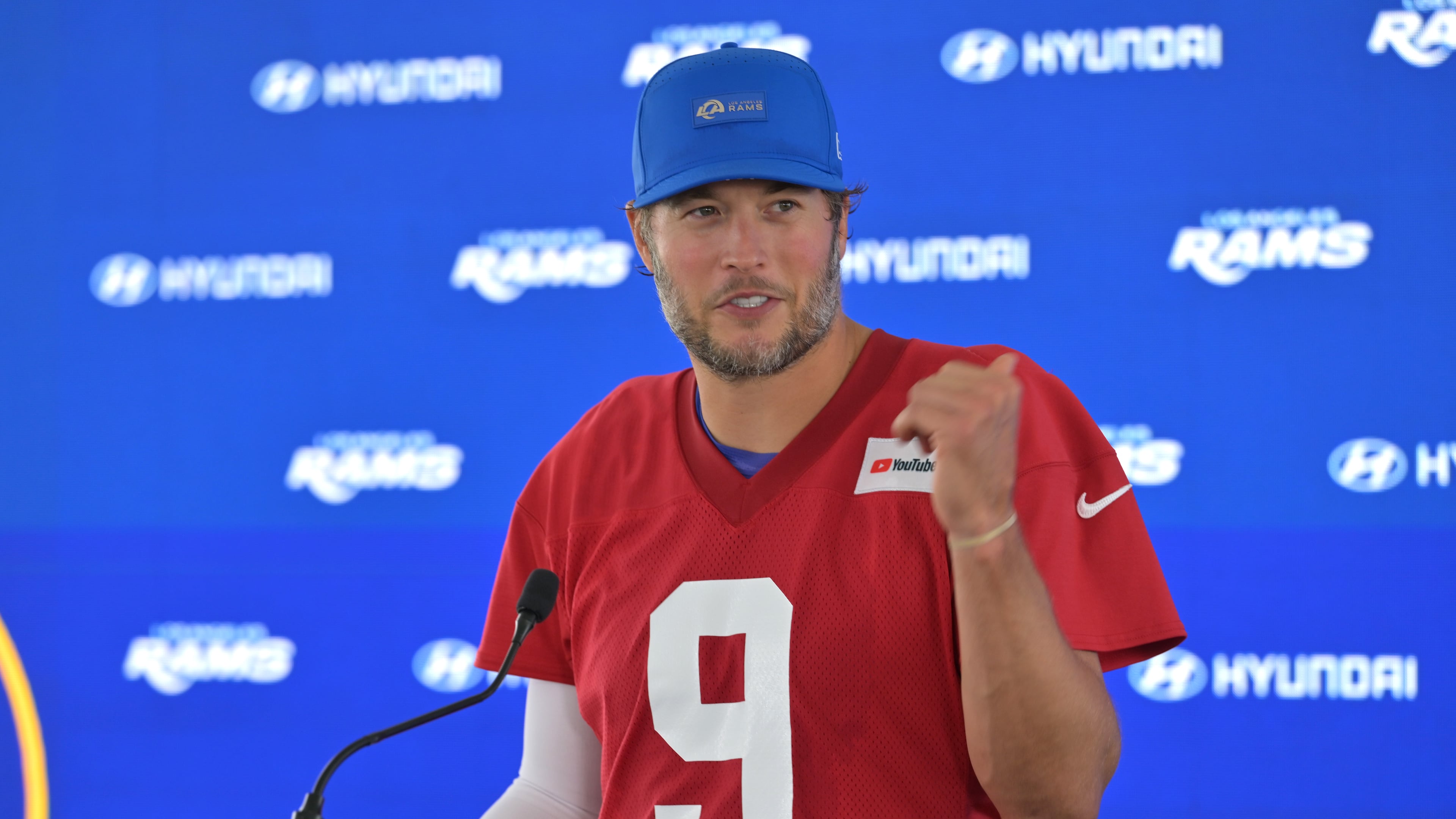 Los Angeles Rams quarterback Matthew Stafford talks to the media at a news conference during the NFL football team's practice Thursday, May 28, 2026, in Los Angeles. (AP Photo/Jayne Kamin-Oncea)