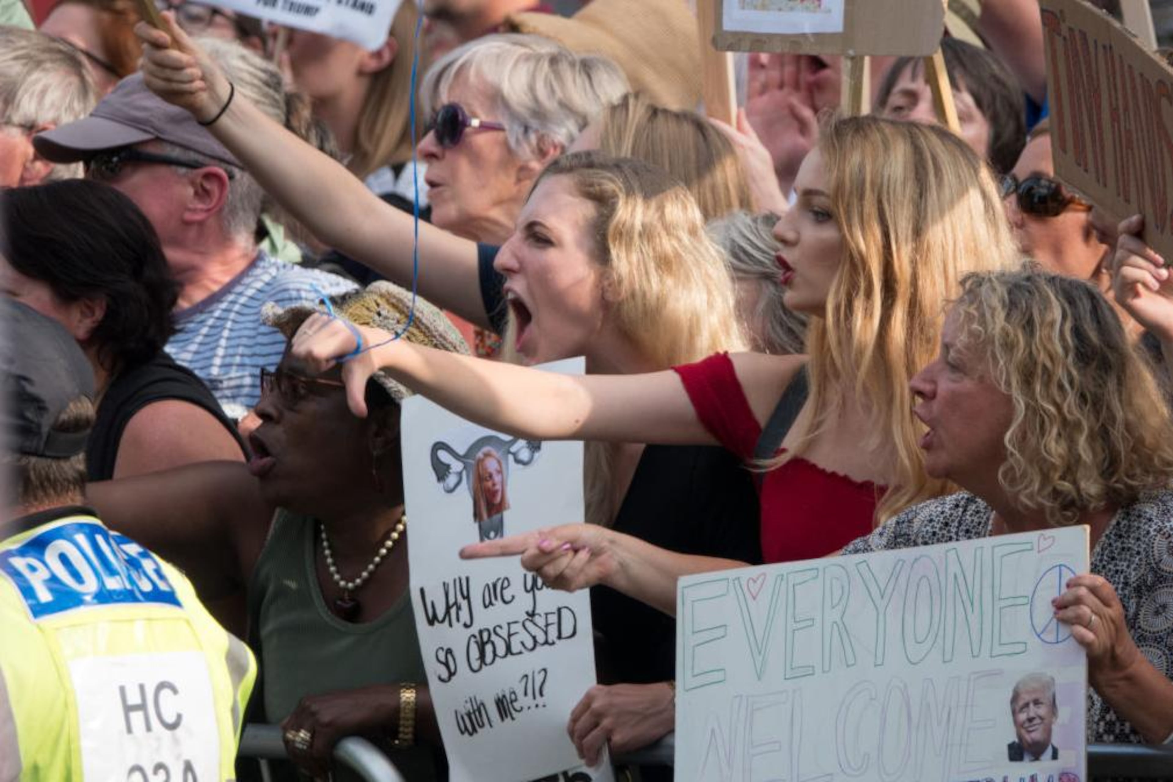 WOODSTOCK, ENGLAND - JULY 12: Protesters gather at the gates of Blenheim Palace where U.S. President Donald Trump is attending an evening function in Woodstock on July 12, 2018 in Oxfordshire, England. The President of the United States and First Lady, Melania Trump, have arrived in the United Kingdom for their first official visit. Whilst they are here they will have dinner at Blenheim Palace, visit Prime Minister Theresa May at Chequers and take tea with the Queen at Windsor Castle. (Photo by Matt Cardy/Getty Images)