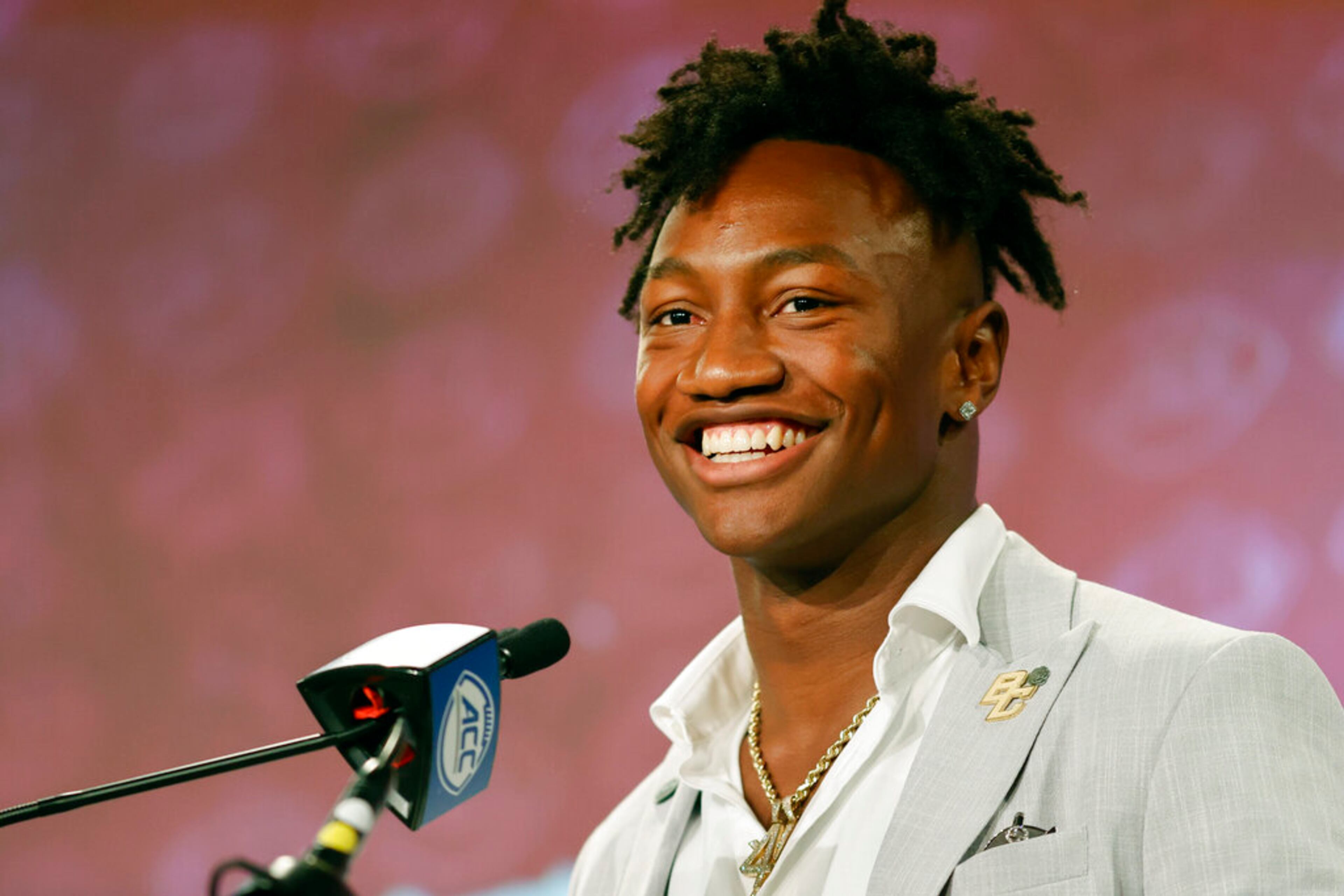Boston College wide receiver Zay Flowers answers a question at the NCAA college football Atlantic Coast Conference Media Days in Charlotte, N.C., Wednesday, July 20, 2022. (AP Photo/Nell Redmond)
