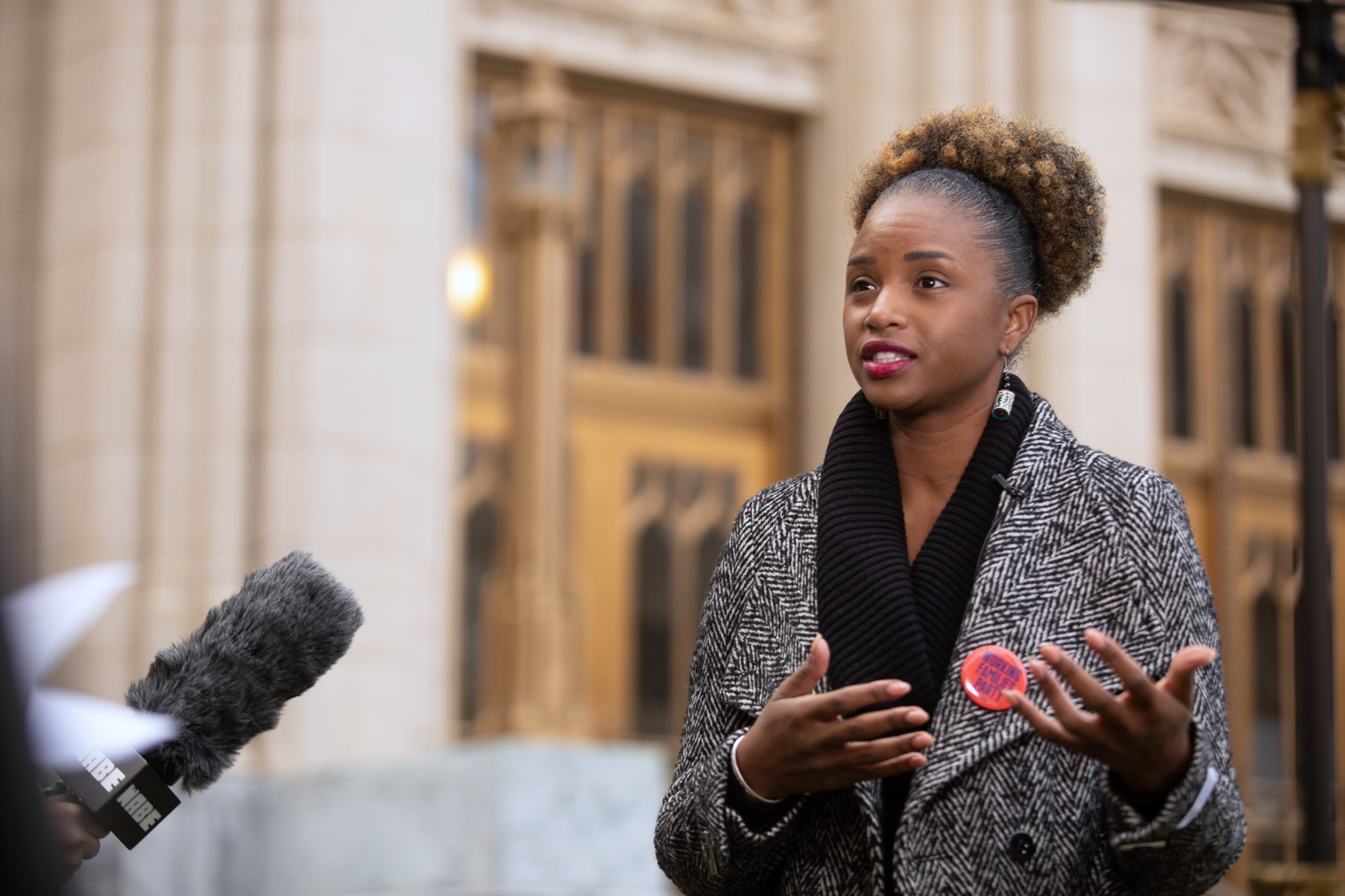 Britney Whaley, an organizing leader with the Vote to Stop Cop City coalition speaks about the petition process outside of Atlanta City Hall on Nov. 30, 2023.