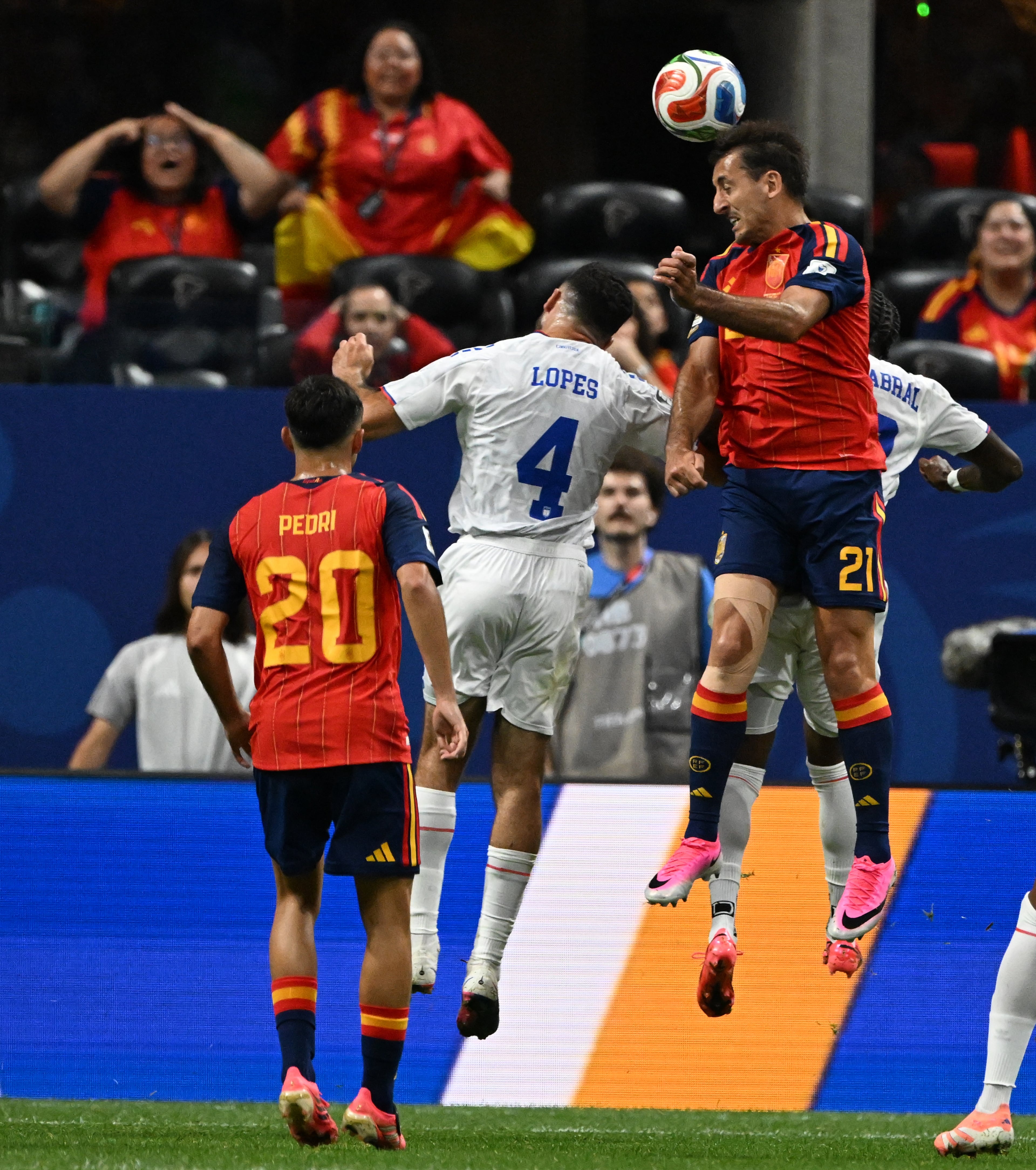 Cape Verde's Pico Lopes (4) and Spain's Mikel Oyarzabal (21) fight for ball during first half of Spain vs. Cape Verde Group H match at Atlanta Stadium (Mercedes-Benz Stadium) on Monday, June 15, 2026. (Hyosub Shin/AJC)