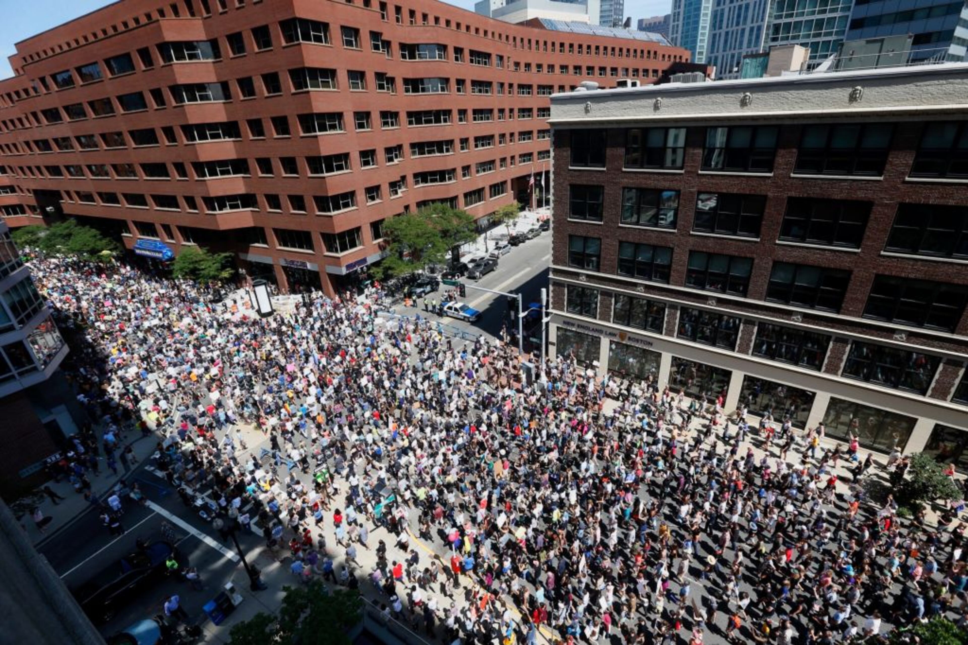 BOSTON, MA - AUGUST 19: Thousands of counter protesters marching to a planned 'Free Speech Rally' on Boston Common on August 19, 2017 in Boston, Massachusetts. Thousands of demonstrators and counter-protestors are expected at Boston Common where the Boston Free Speech Rally is being held. (Photo by Scott Eisen/Getty Images)