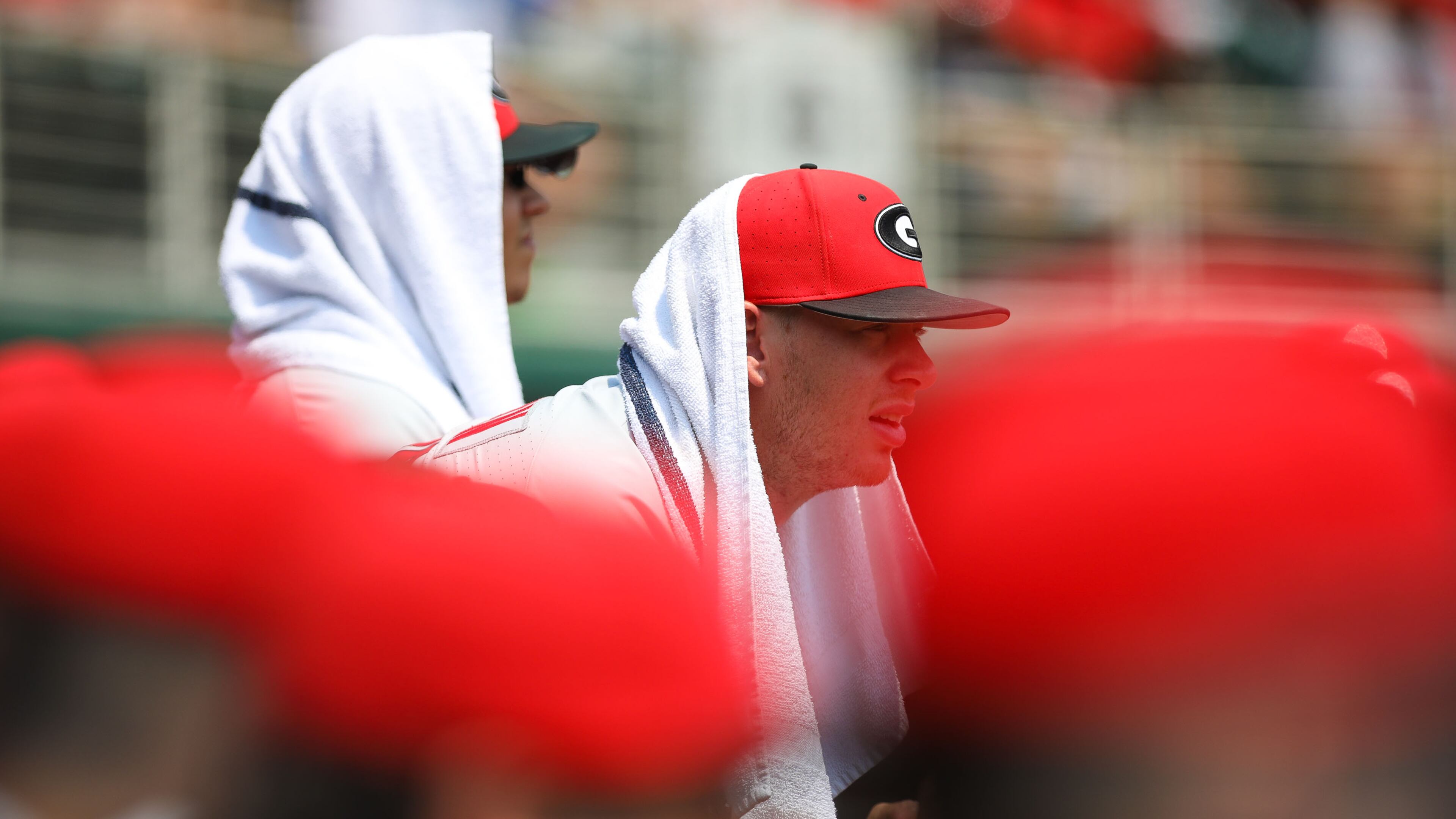 Georgia pitcher Adam Goodman (16) watches the action during the NCAA regional baseball game against Florida Atlantic Sunday, June 2, 2019, at Foley Field in Athens.
