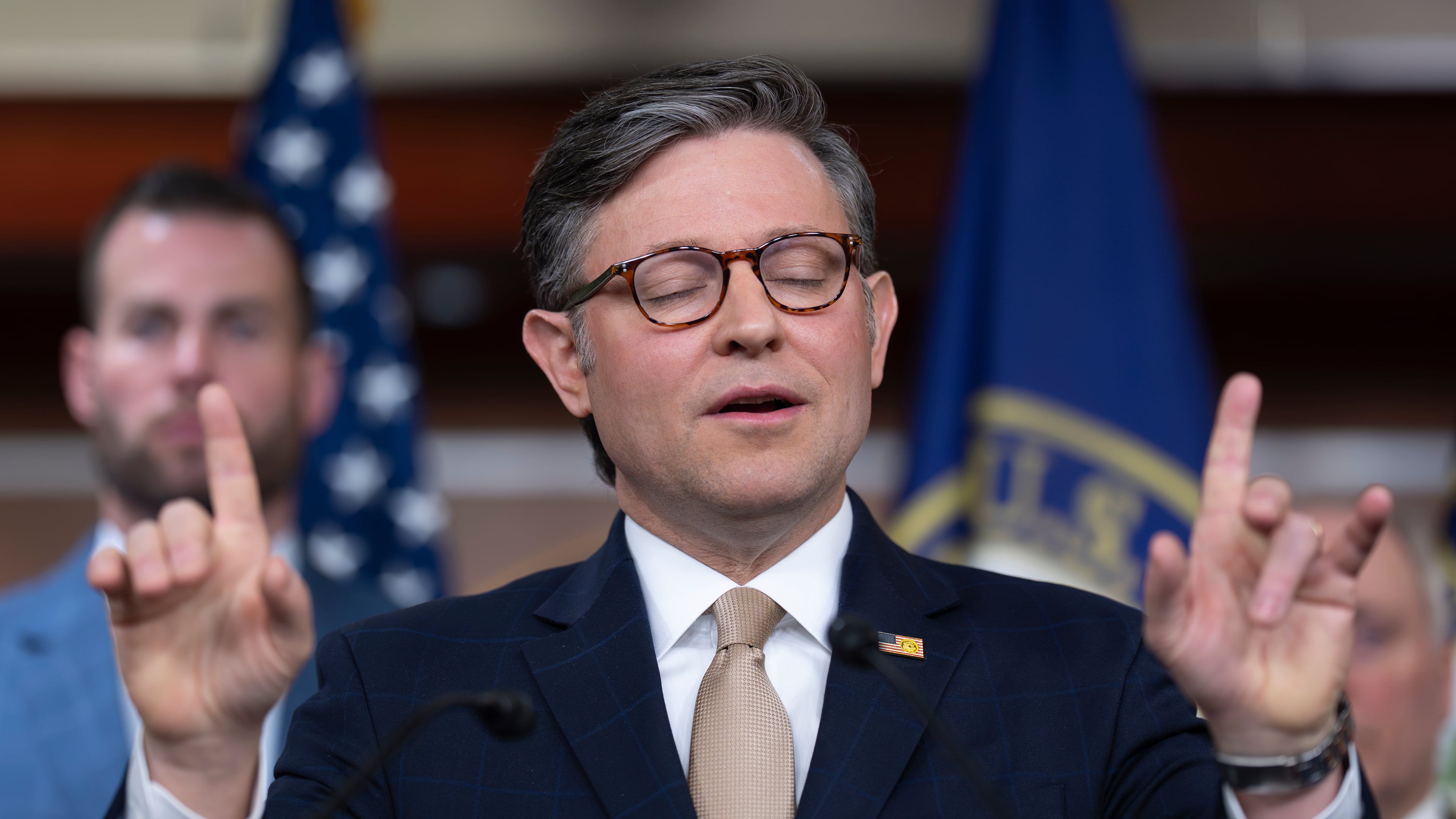 Speaker of the House Mike Johnson takes questions at a news conference following a closed-door GOP meeting at the Capitol in Washington, Tuesday, April 21, 2026. (AP Photo/J. Scott Applewhite)