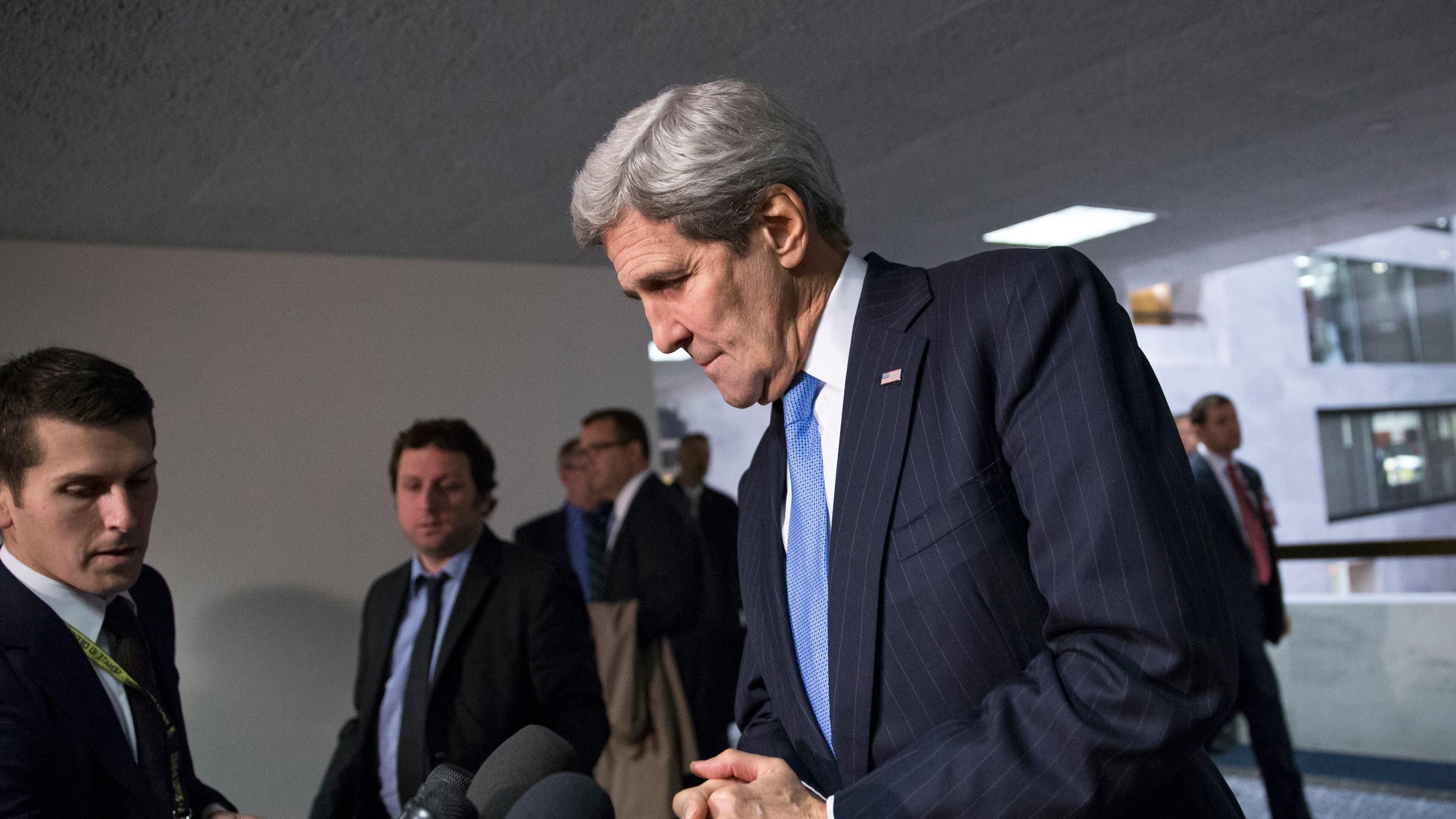 Secretary of State John Kerry speaks to reporters on Capitol Hill in Washington, Thursday, Nov. 19, 2015, after briefing members of the Senate Intelligence Committee on the U.S. strategy in Syria in the wake of the Paris terror attacks. (AP/J. Scott Applewhite)