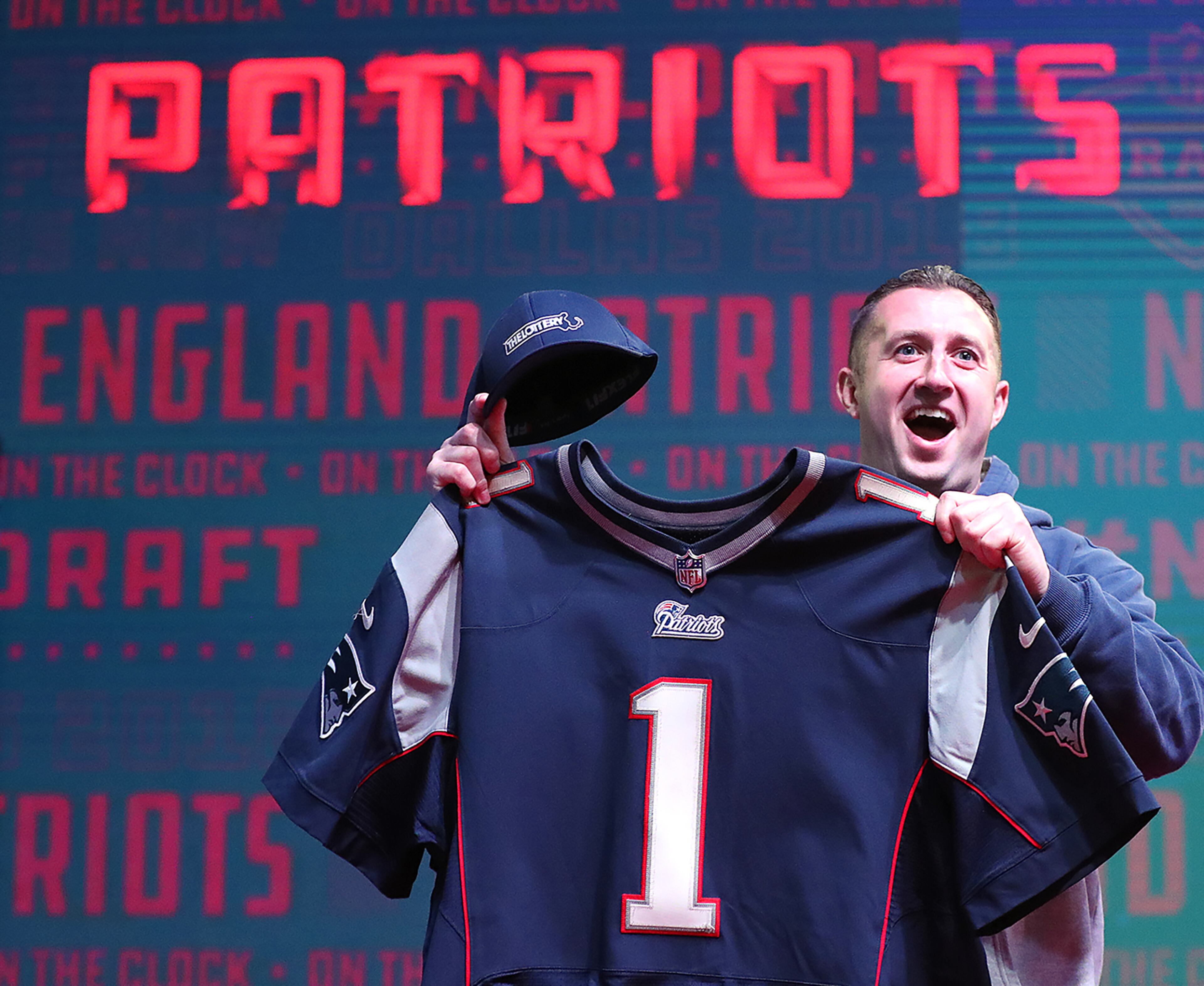 Jan. 31, 2019 Atlanta: New England Patriots fan Jimmy Smith is the first pick during his photo opportunity on the NFL Draft Stage in the Super Bowl Experience at the Georgia World Congress Center on Thursday, Jan. 31, 2019, in Atlanta. Curtis Compton/ccompton@ajc.com