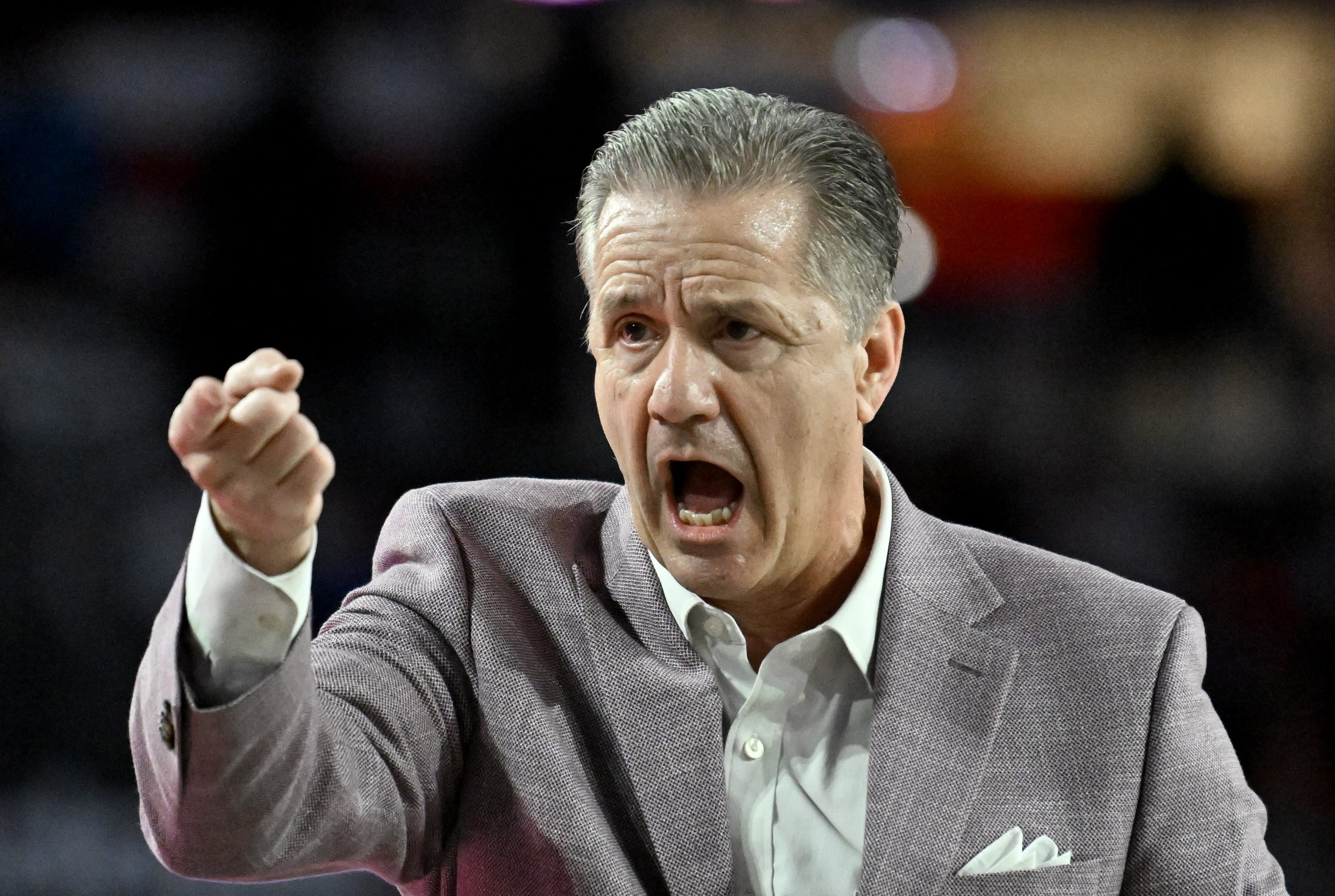 Arkansas head coach John Calipari shouts instructions during the first half in an NCAA college basketball game at Stegeman Coliseum, Saturday, Jan. 17, 2026, in Athens. (Hyosub Shin/AJC)