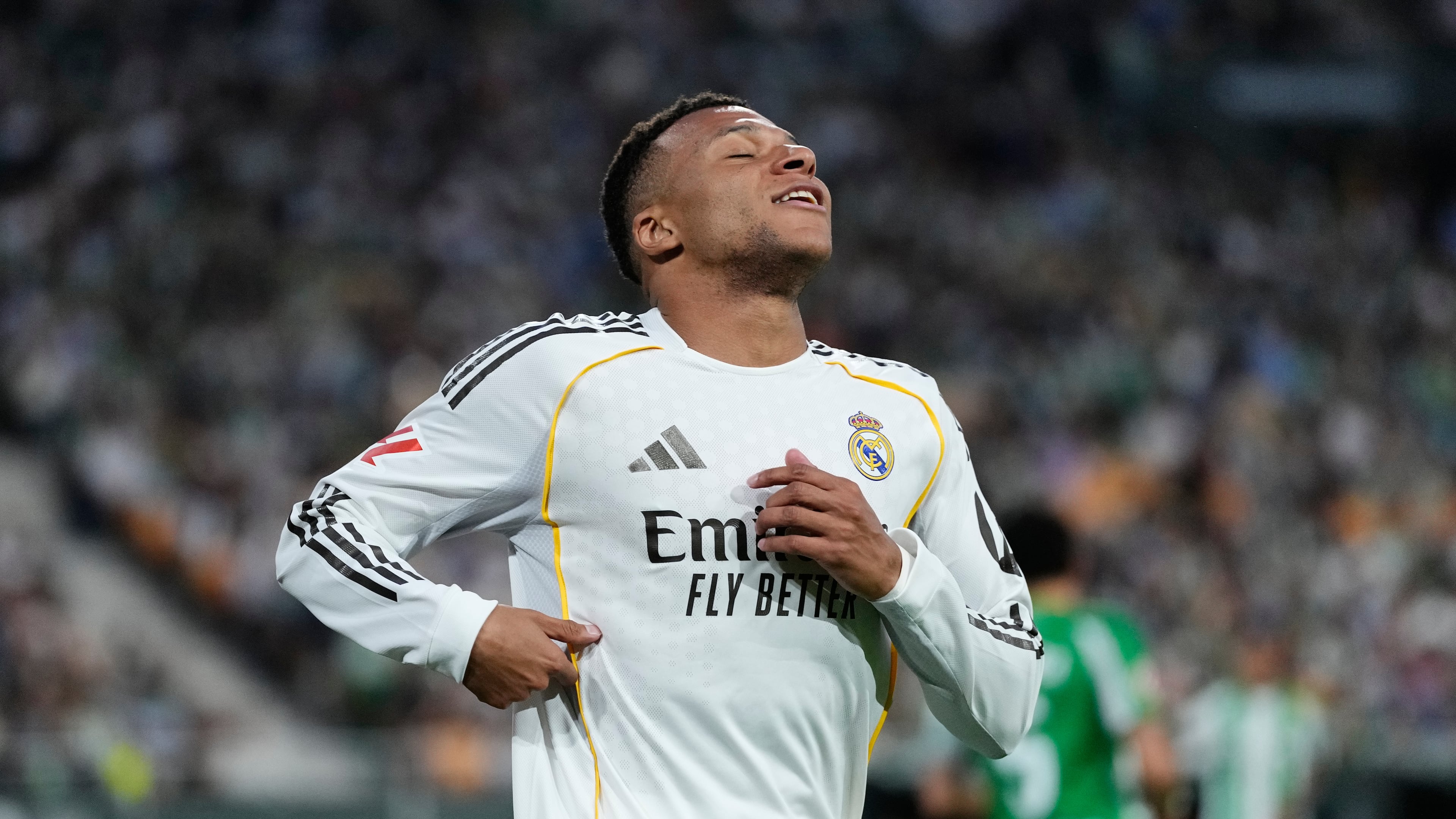 Real Madrid's Kylian Mbappe reacts during a La Liga soccer match between Real Betis and Real Madrid in Seville, Spain, Friday, April 24, 2026. (AP Photo/Jose Breton)
