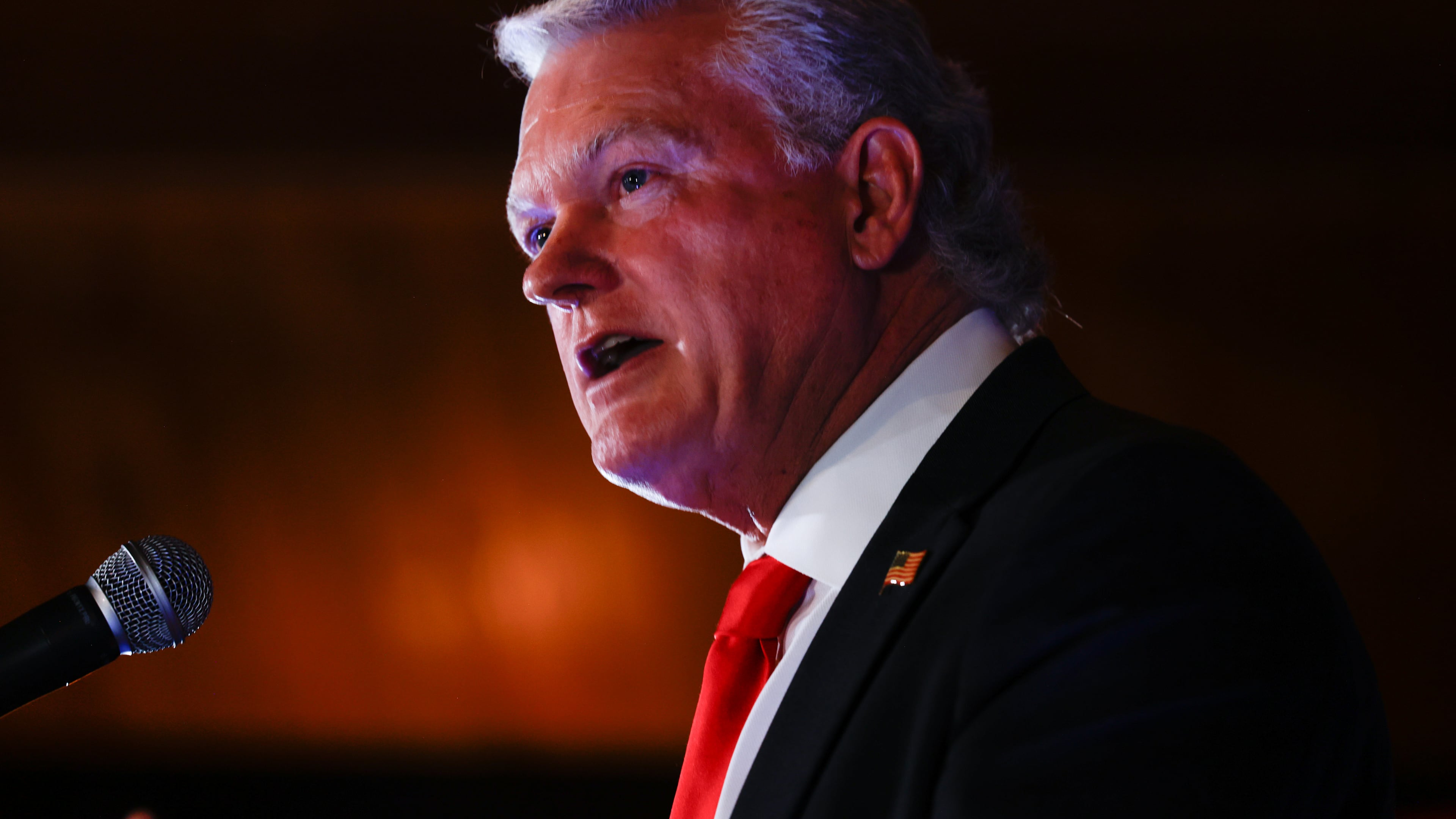 U.S. Rep. Mike Collins, R-Ga., speaks at his primary election watch party in Jackson, Ga. on Tuesday, May 19, 2026. (Arvin Temkar/Atlanta Journal-Constitution via AP)