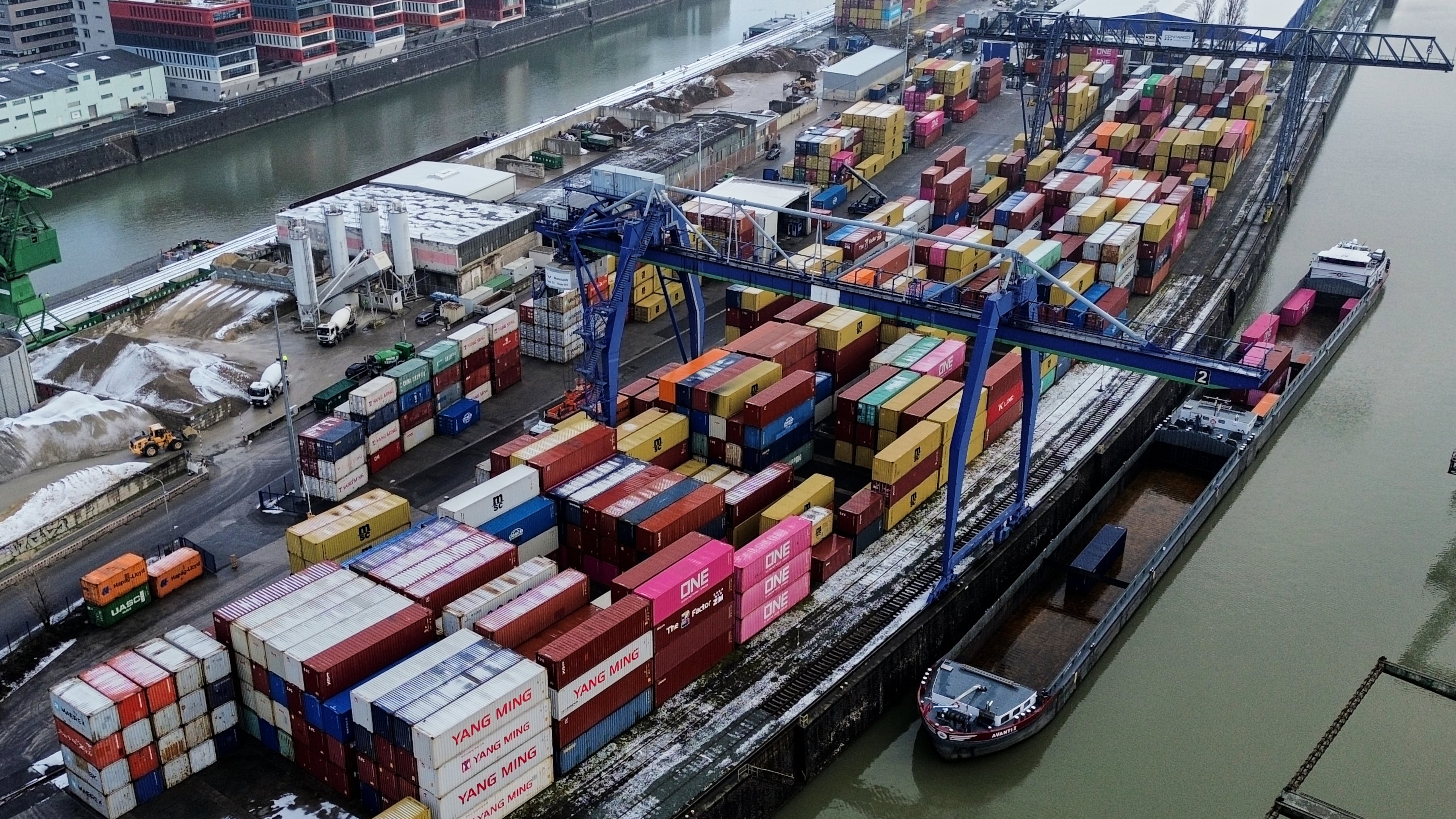 Containers are piled up in Frankfurt, Germany, Friday, Jan. 30, 2026. (AP Photo/Michael Probst)