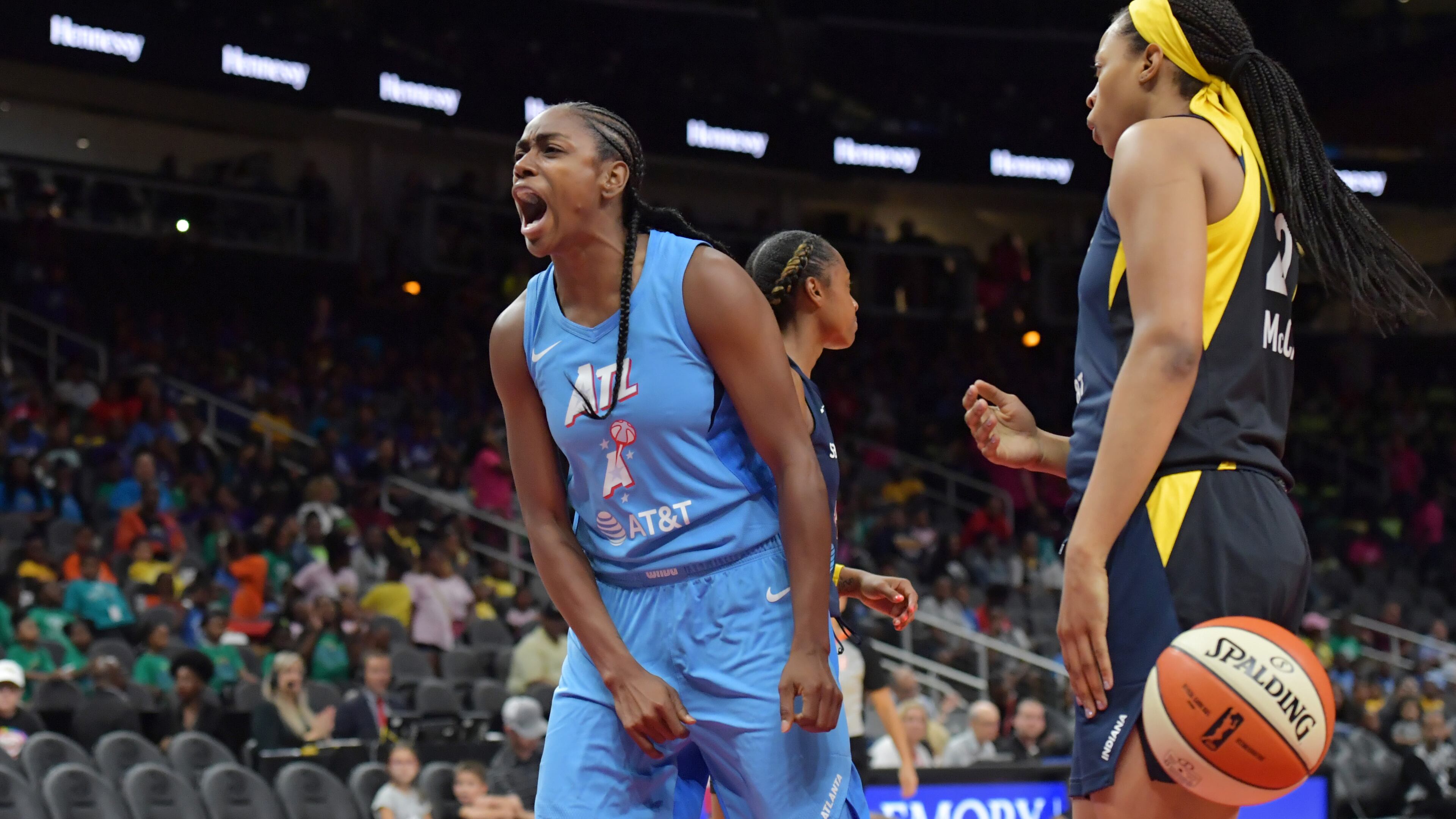 Atlanta Dream guard Tiffany Hayes (15) reacts during the first half against Indiana Wednesday, June 19, 2019, at State Farm Arena in Atlanta. The Dream's 2020 season starts in May.