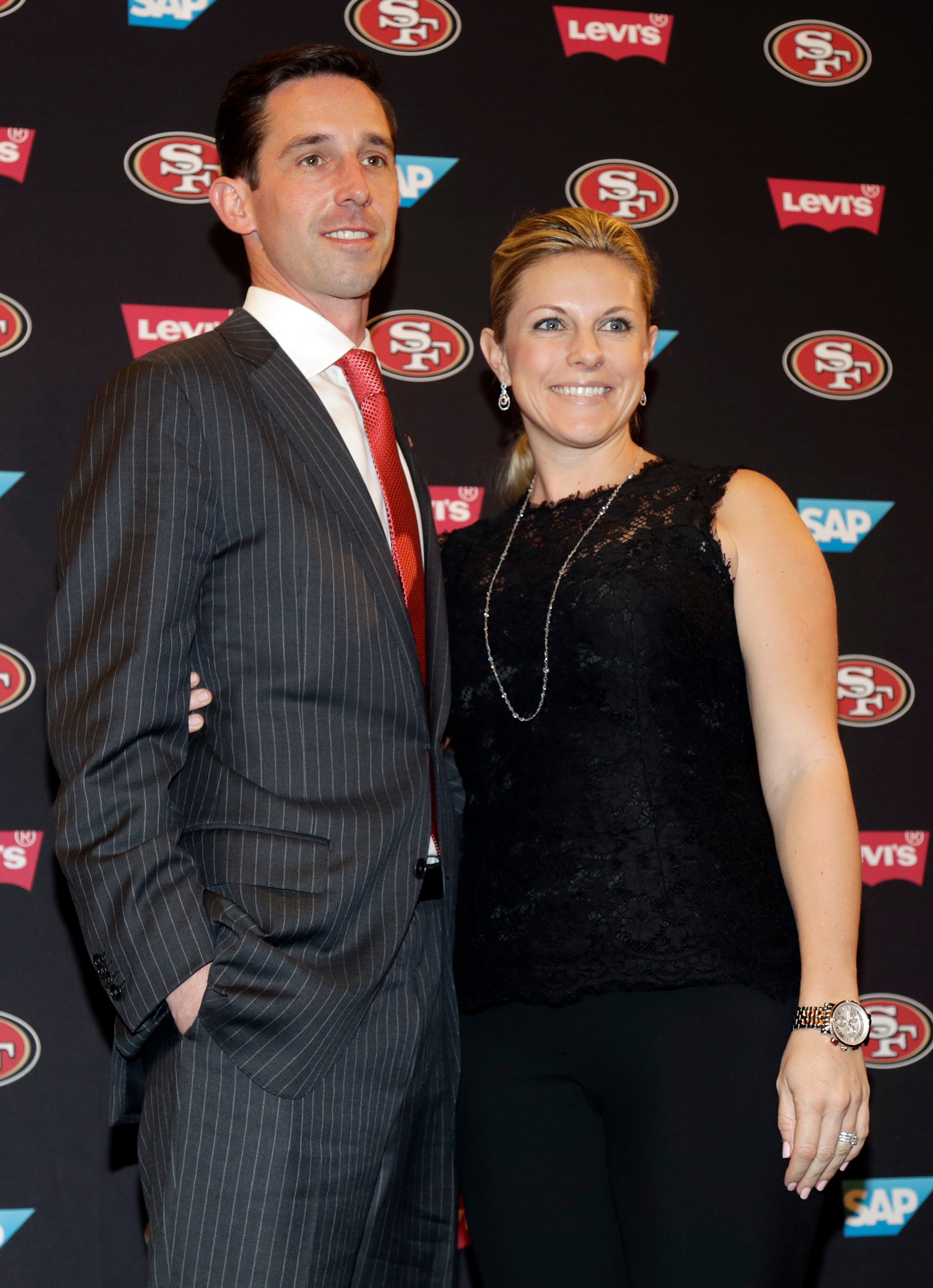 San Francisco 49ers head coach Kyle Shanahan, left, and his wife Mandy in an NFL football press conference Thursday, Feb. 9, 2017, in Santa Clara, Calif. (AP Photo/Marcio Jose Sanchez)