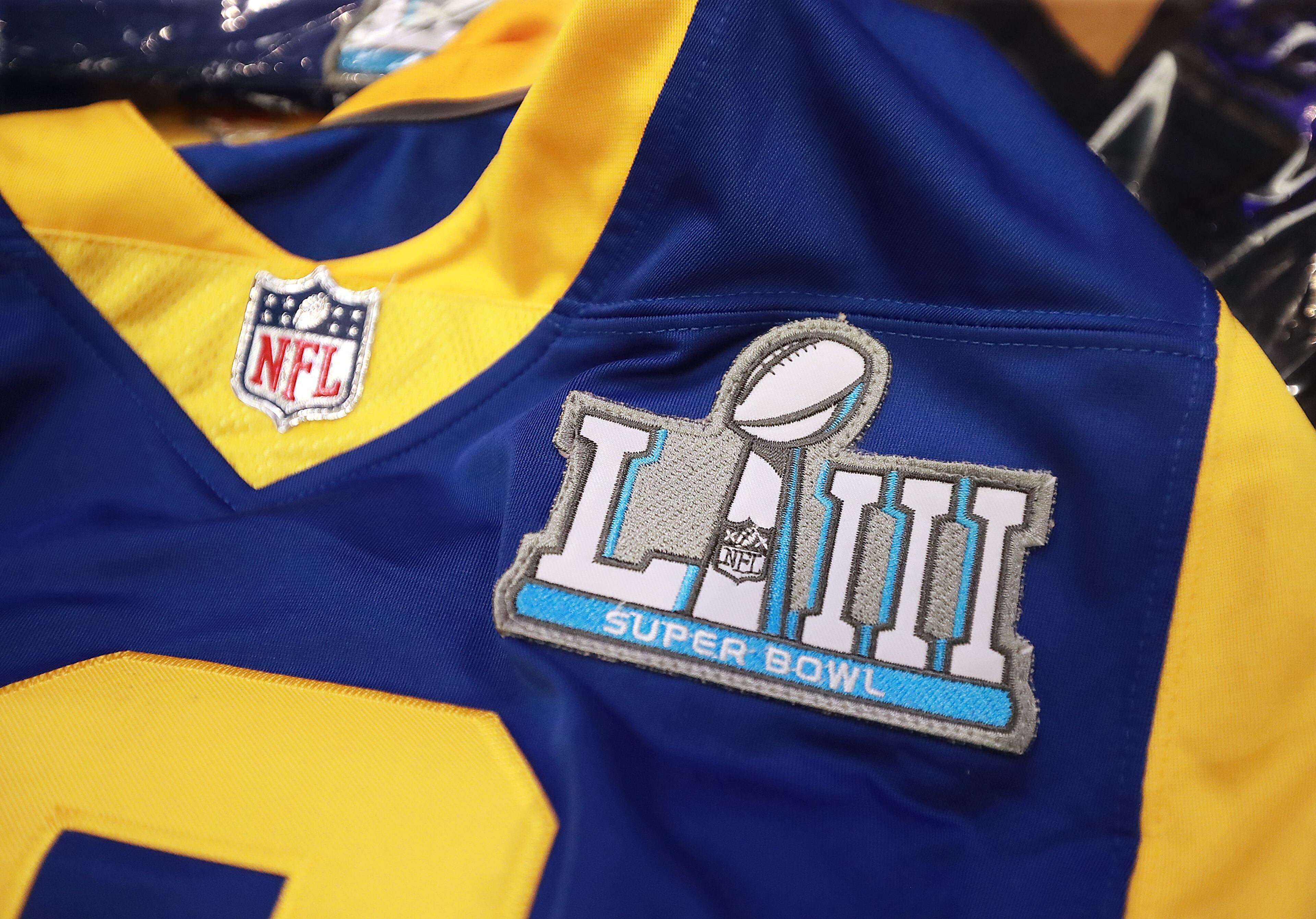 Jan. 31, 2019 Atlanta: A fake NFL Rams jersey sits on a table as the National Football League and law enforcement agencies announce the latest results of seizures of counterfeit game-related merchandise and tickets during a press conference at the Georgia World Congress Center on Thursday, Jan. 31, 2019, in Atlanta. Curtis Compton/ccompton@ajc.com