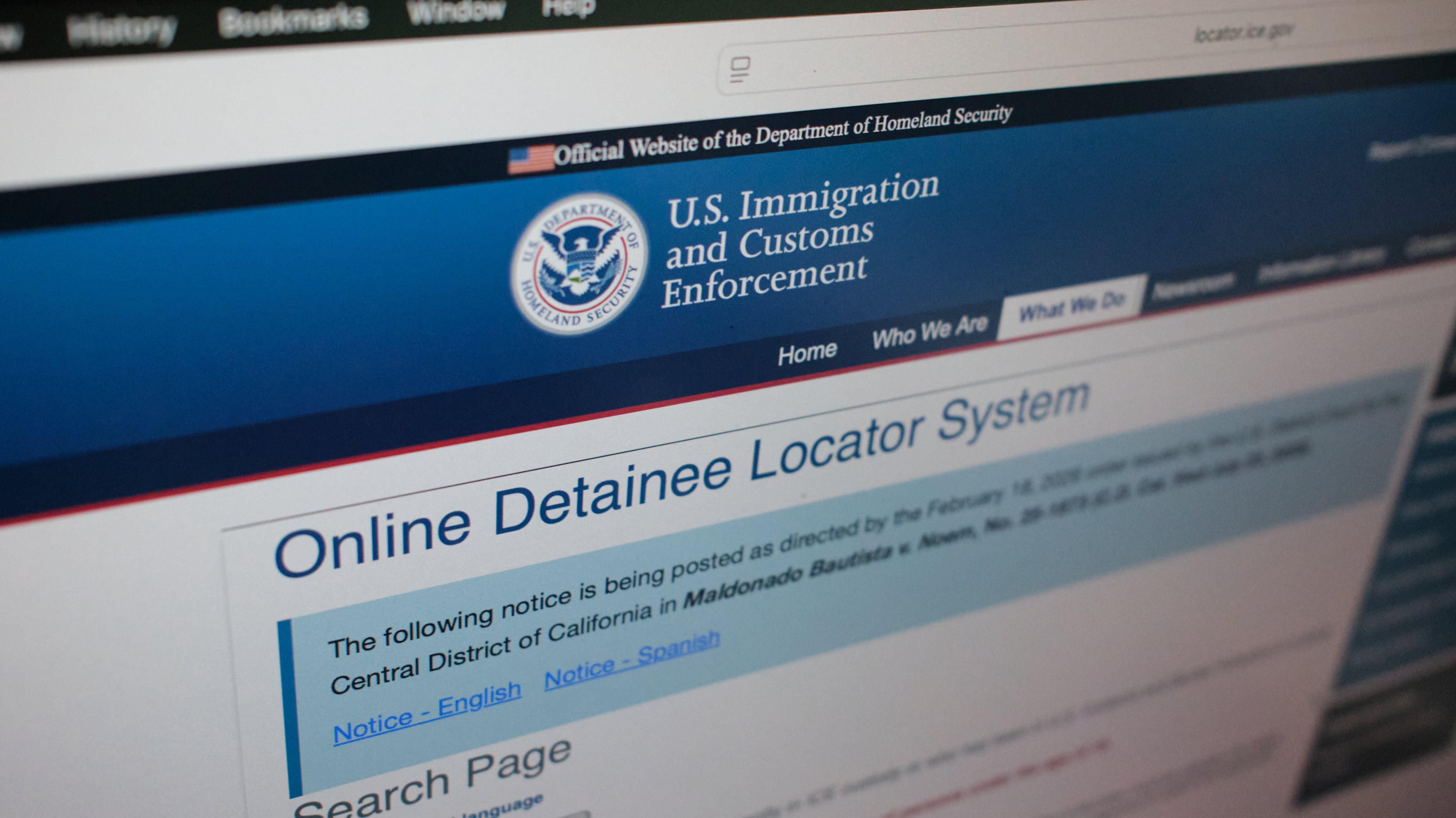 FILE - The U.S. Immigration and Customs Enforcement website, used to locate someone in immigration detention, is displayed on Sept. 21, 2026, in New York. (AP Photo/Rachel Leathe, File)