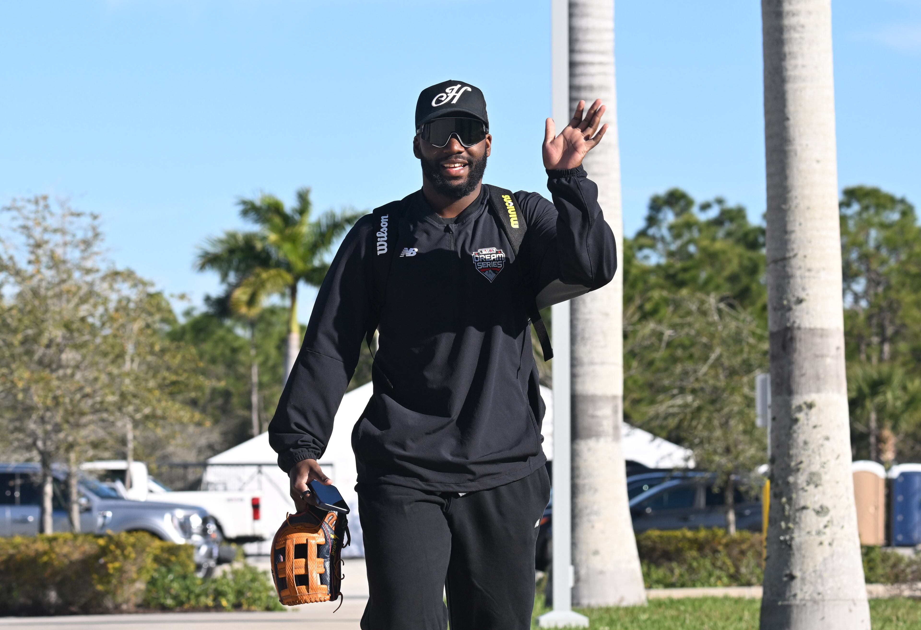Braves center fielder Michael Harris II arrives on the first day of spring training at CoolToday Park in North Port, Florida on Wednesday, Feb., 14, 2024. (Hyosub Shin / Hyosub.Shin@ajc.com)