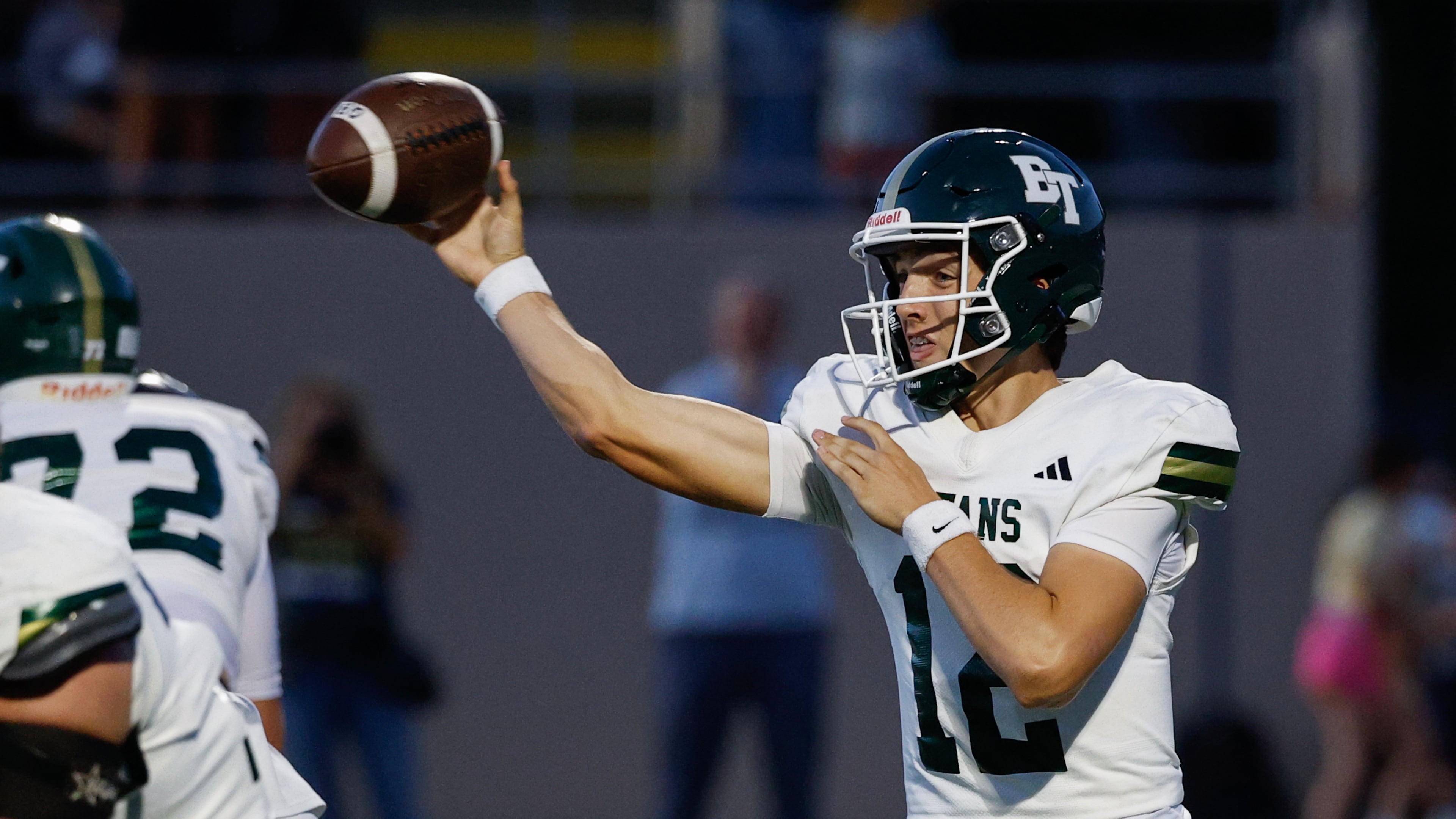 Blessed Trinity quarterback Luke Ray passes against Marist during the first half of their game Friday, Sept. 25, 2026. (Erik S. Lesser for the AJC)