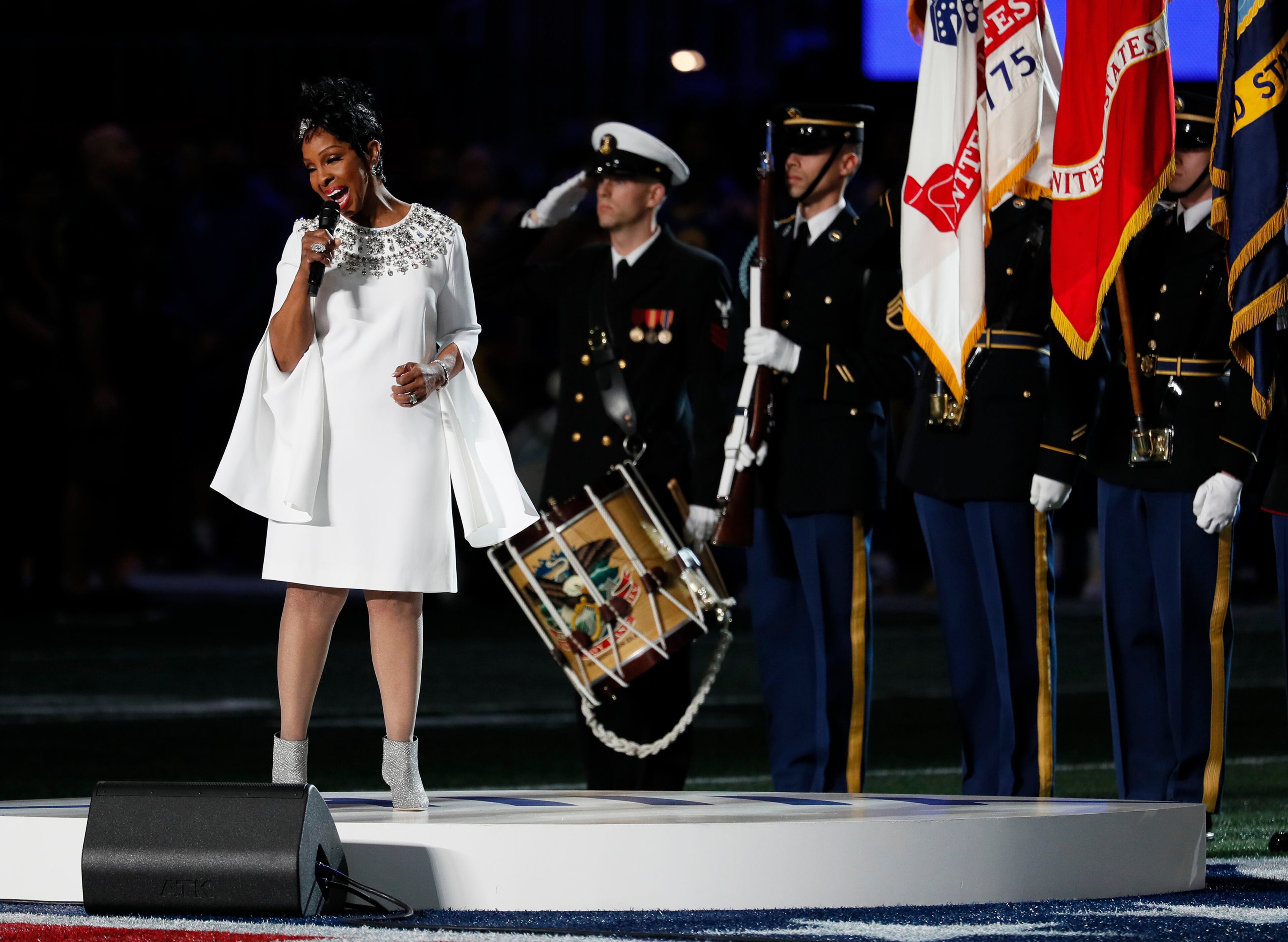 Gladys Knight sings the national anthem before the New England Patriots play the Los Angeles Rams in Super Bowl LIII at Mercedes-Benz Stadium in Atlanta, Ga. Bob Andres / bandres@ajc.com