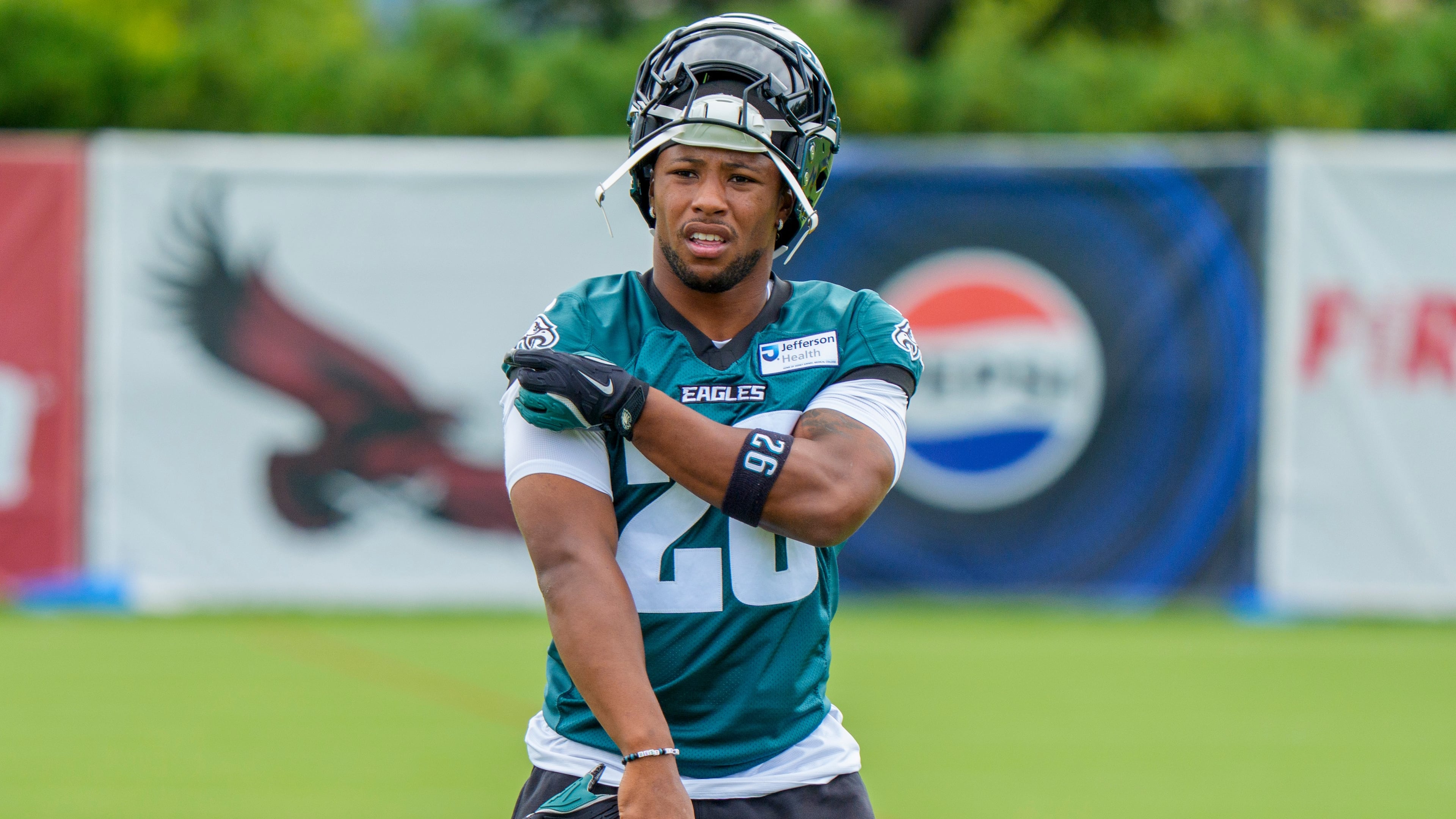Philadelphia Eagles running back Saquon Barkley (26) looks on during practice at the team's NFL football training camp in Philadelphia, Thursday, July 30, 2026. (AP Photo/Chris Szagola)