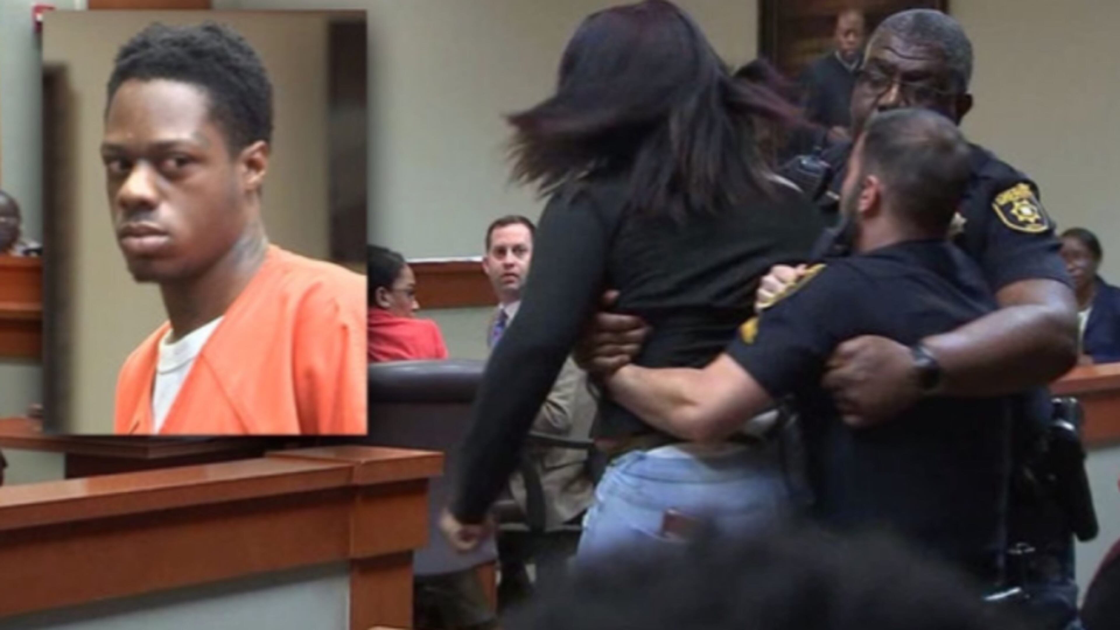 Tashiya Campbell had to be restrained Thursday after lunging at shooting suspect Tevin Merriweather.