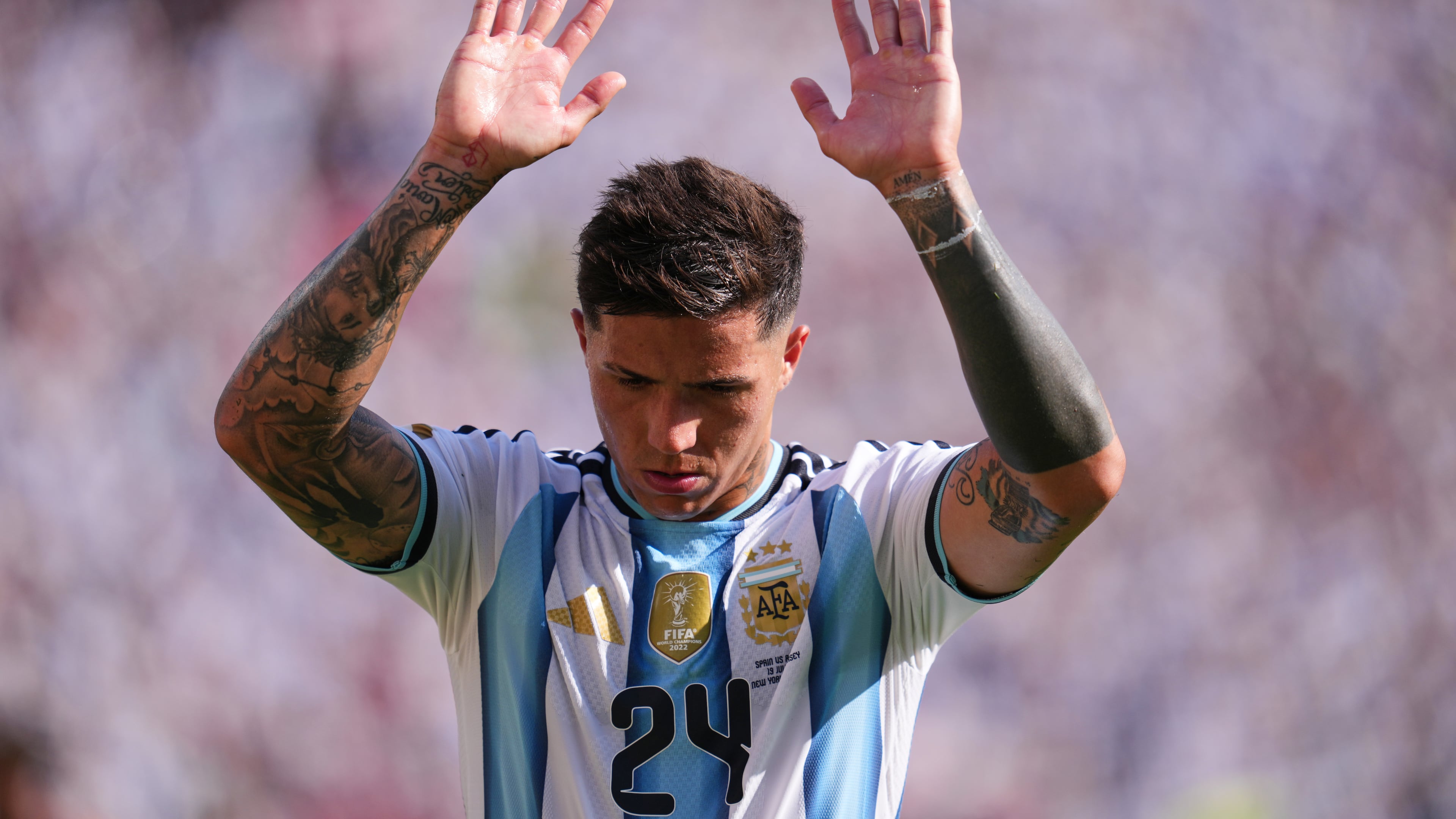 FILE - Argentina's Enzo Fernandez leaves the match after receiving a red card during the World Cup final soccer match between Spain and Argentina in East Rutherford, N.J., near New York, Sunday, July 19, 2026. (AP Photo/Abbie Parr,File)