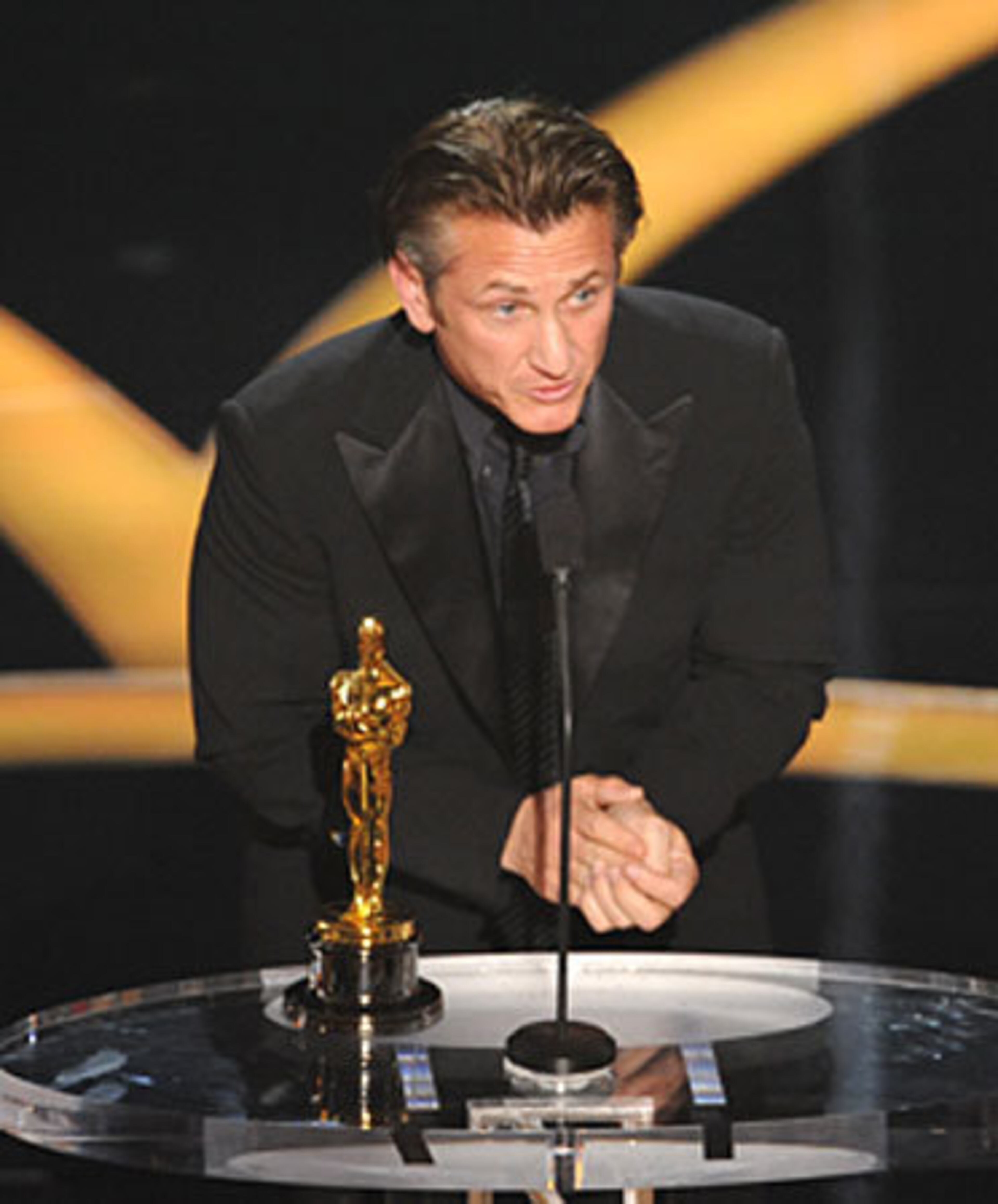 Sean Penn accepts the Oscar for best actor for his work in "Milk."