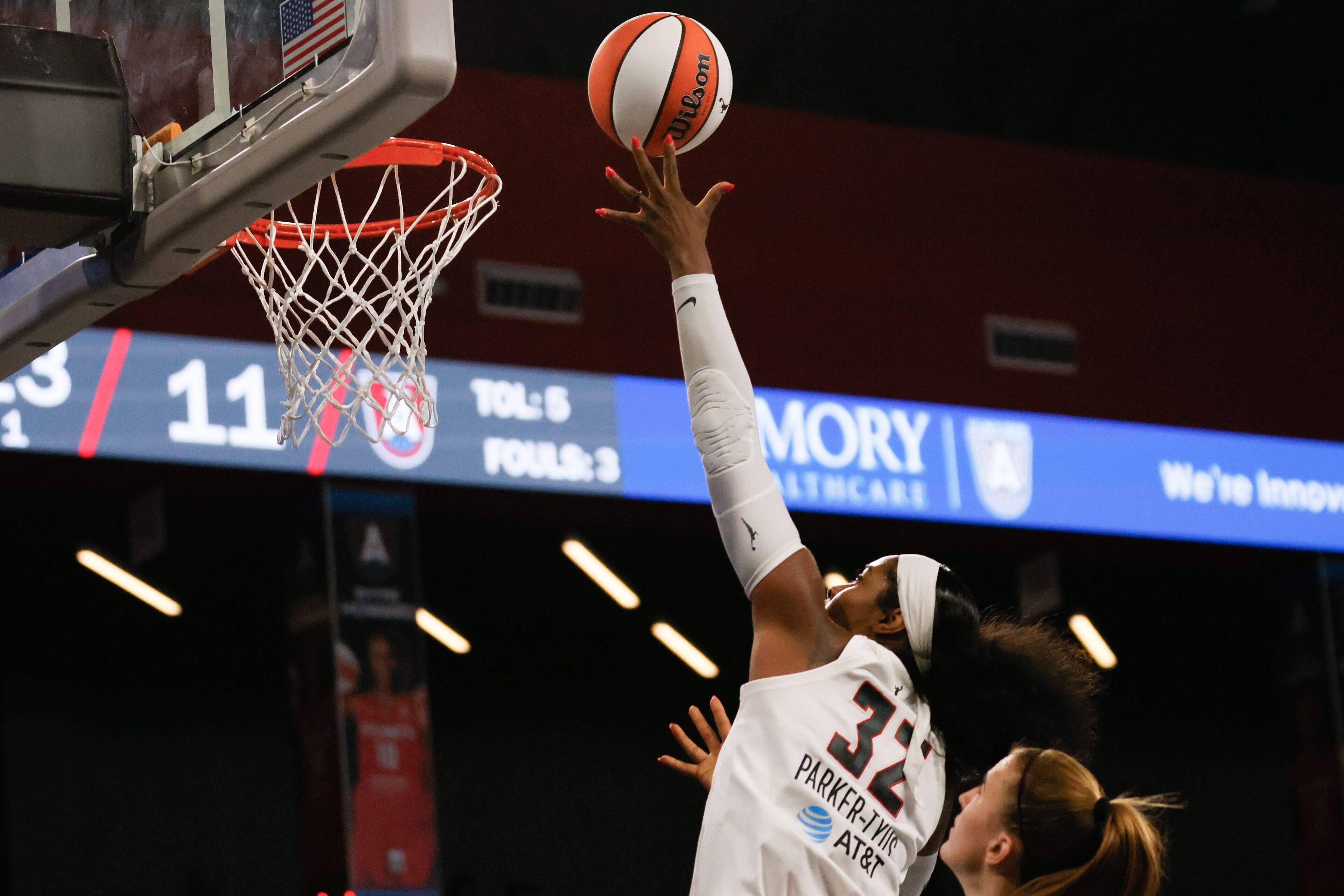 Atlanta Dream forward Cheyenne Parker-Tyus goes up for a layup during the first half against the New York Liberty on Sunday, June 23, 2024, in Atlanta.
(Miguel Martinez / AJC)