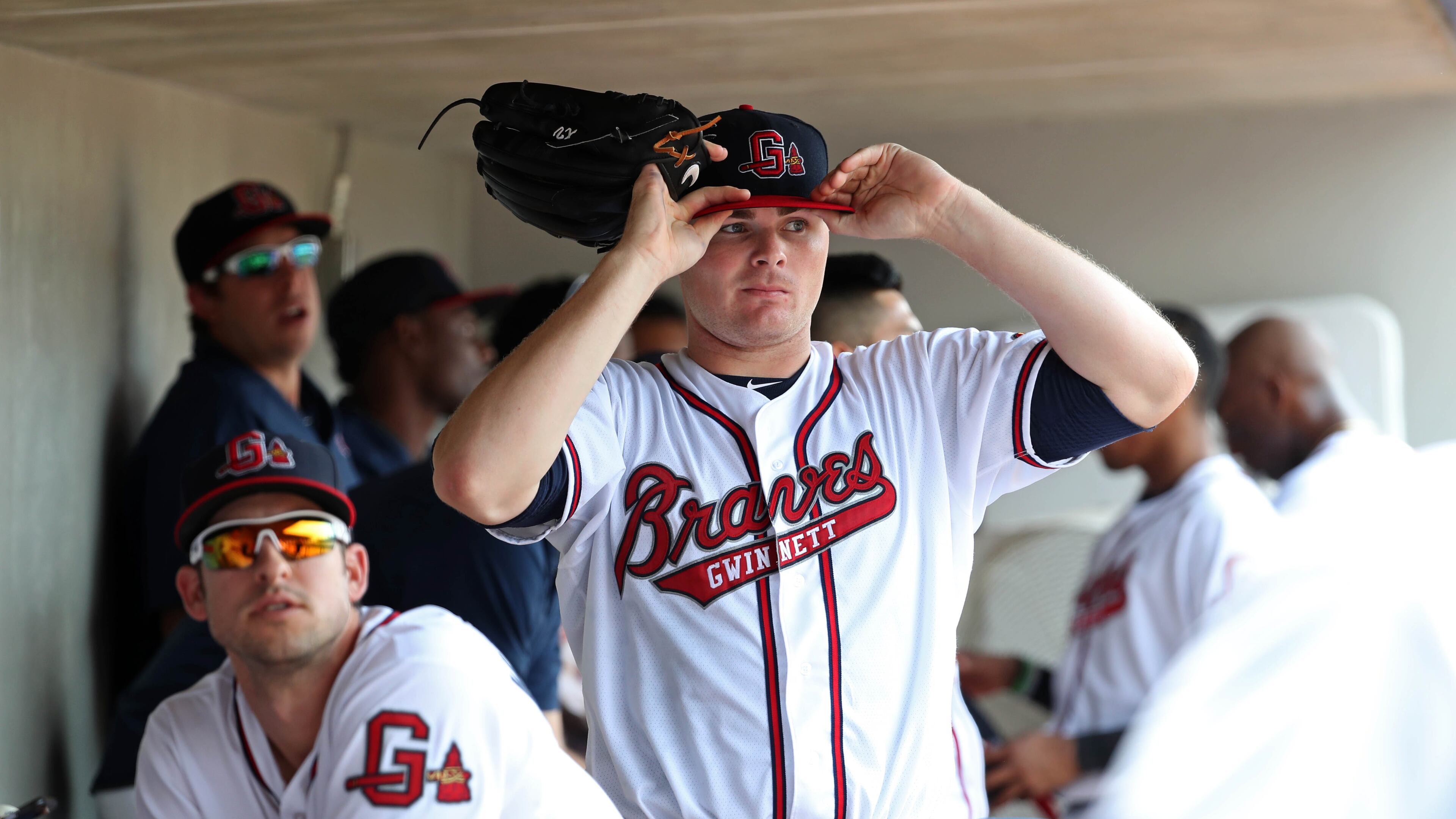 Gwinnett Braves starting pitcher Sean Newcomb (15) prepares to pitch in the sixth inning of their game against the Toledo Mud Hens at Coolray Field Thursday, May 11, 2017, in Lawrenceville.