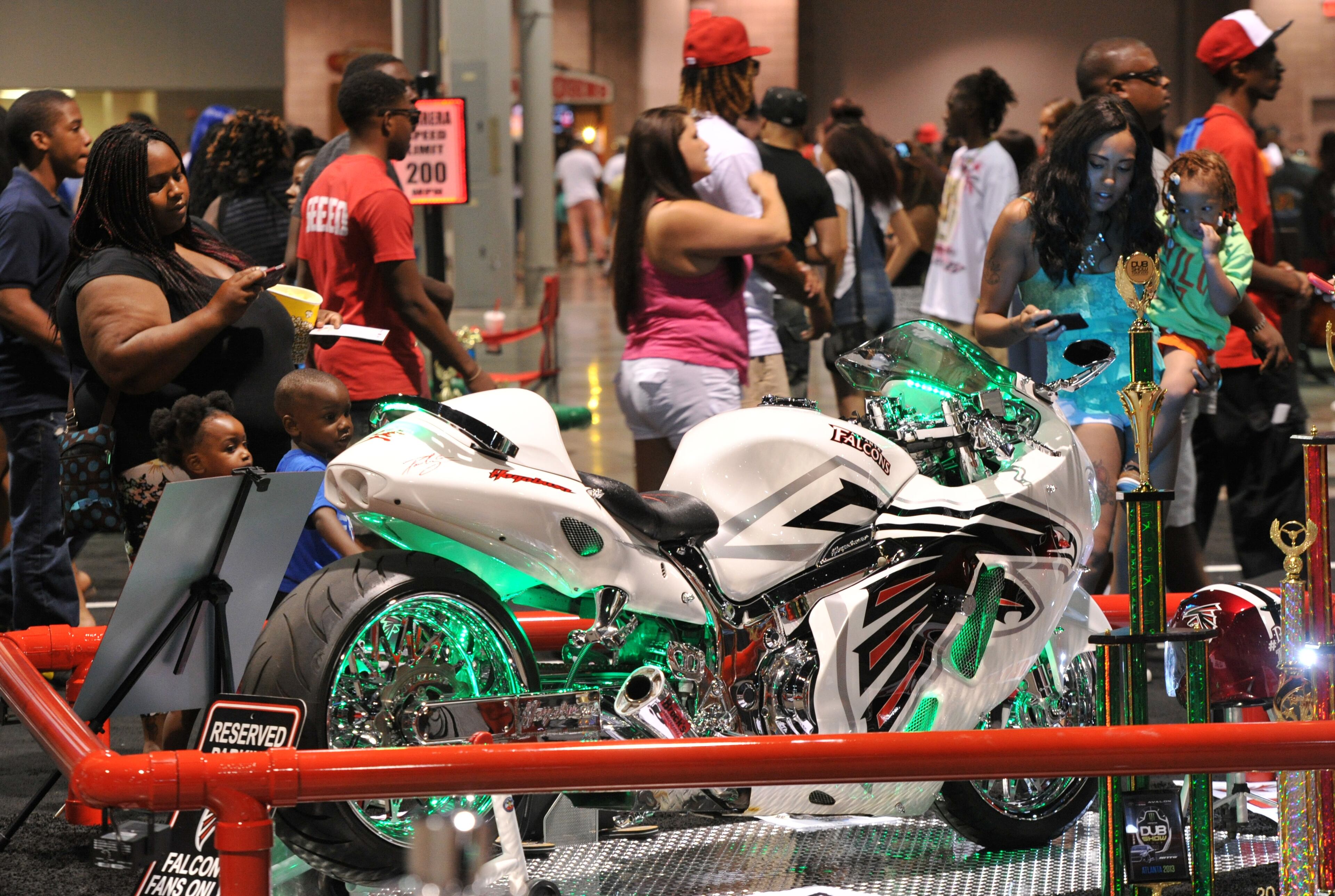 Custom bikes lined-up for event-goers during The 2014 V-103/WAOK Car & Bike Show at the Georgia World Congress Center on Saturday, July 12, 2014.