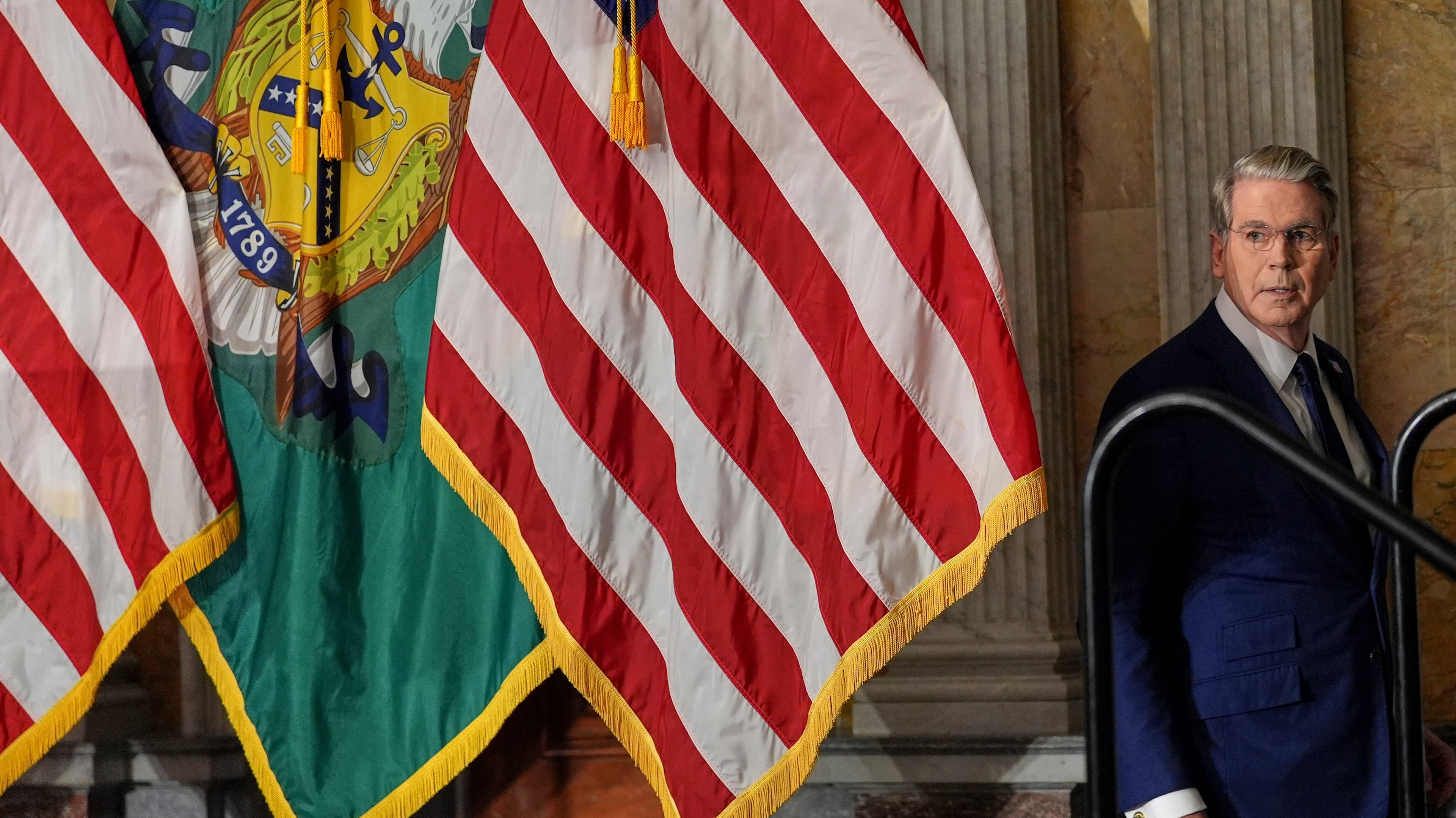Treasury Secretary Scott Bessent arrives to speak at a news conference, Monday, Aug. 24, 2026, at the Treasury Department in Washington. (AP Photo/Julia Demaree Nikhinson)