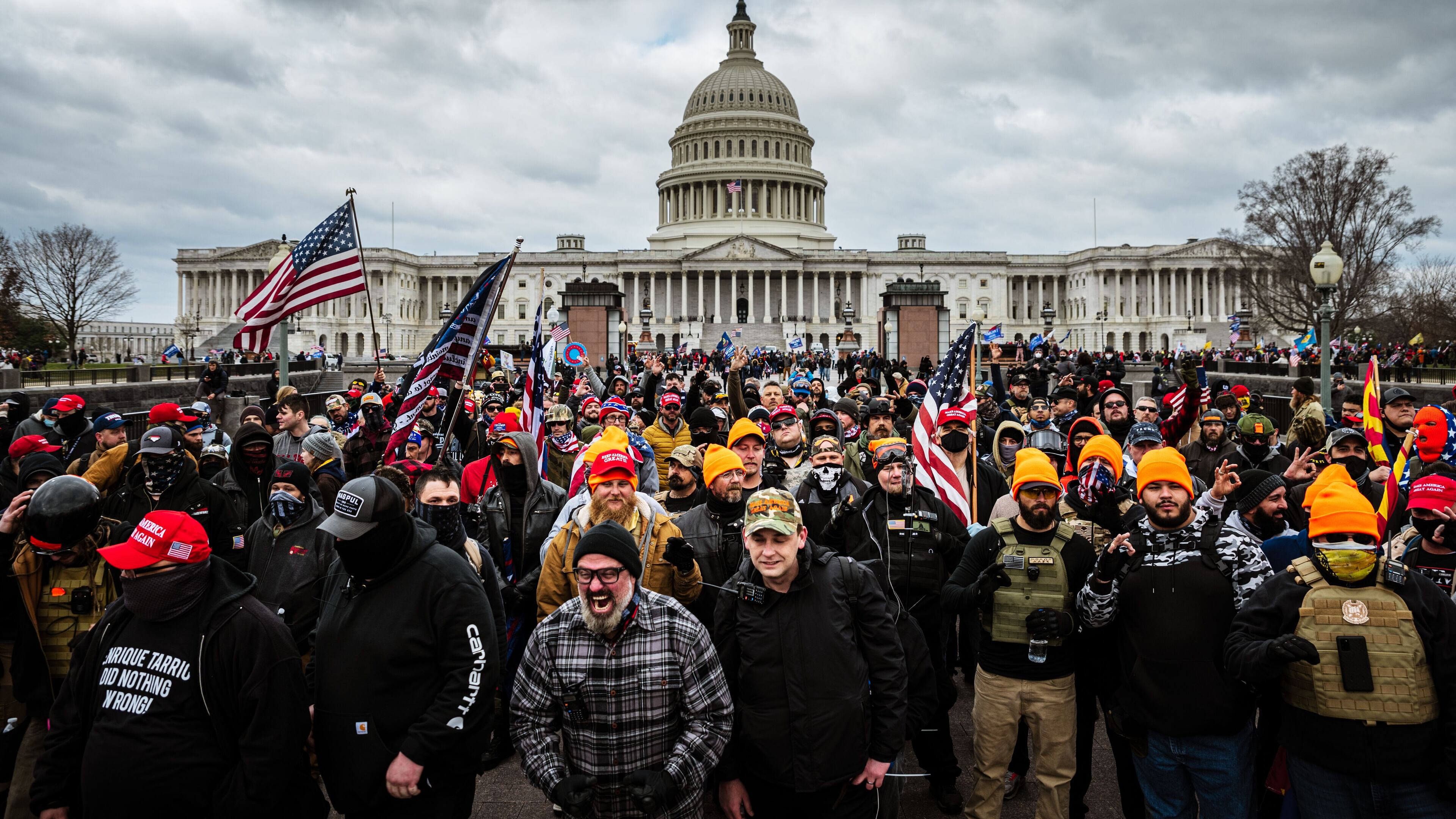 Pro-Trump protesters gather in front of the U.S. Capitol on Jan. 6, 2021. A pro-Trump mob stormed the Capitol, breaking windows and clashing with police officers. President Joe Biden accused Donald Trump and his supporters of holding a “dagger at the throat of democracy” in a forceful speech Thursday marking the anniversary of the deadly attack on the U.S. Capitol. He warned that though it didn’t succeed, the insurrection remains a serious threat to America’s system of government. (Photo by Jon Cherry//TNS)