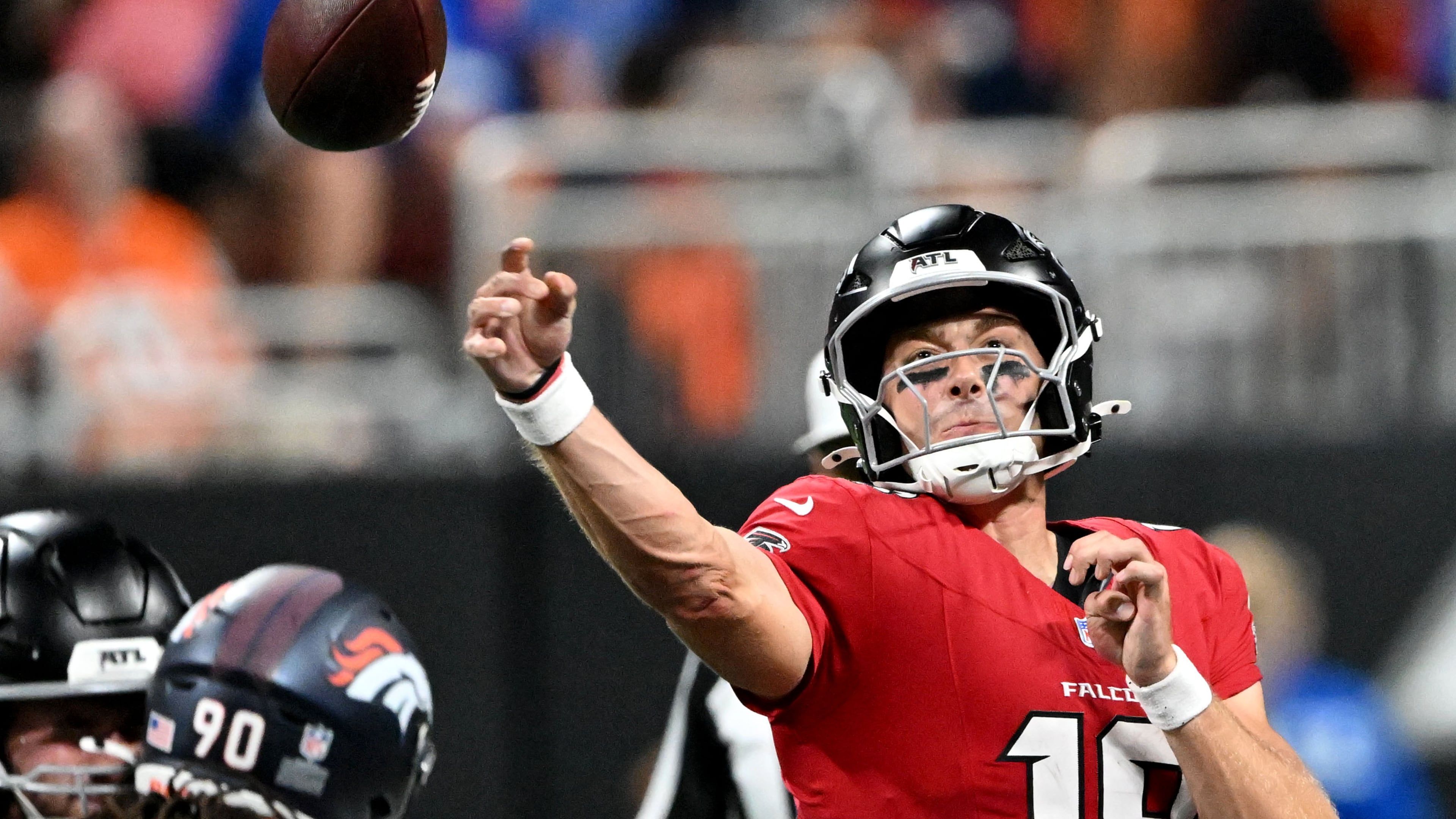 Atlanta Falcons quarterback Jack Strand (18) gets off a pass during the second half of an NFL preseason game at Mercedes-Benz Stadium on Friday, Aug. 14, 2026, in Atlanta. Denver Broncos won 27-7 over Atlanta Falcons. (Hyosub Shin/AJC)