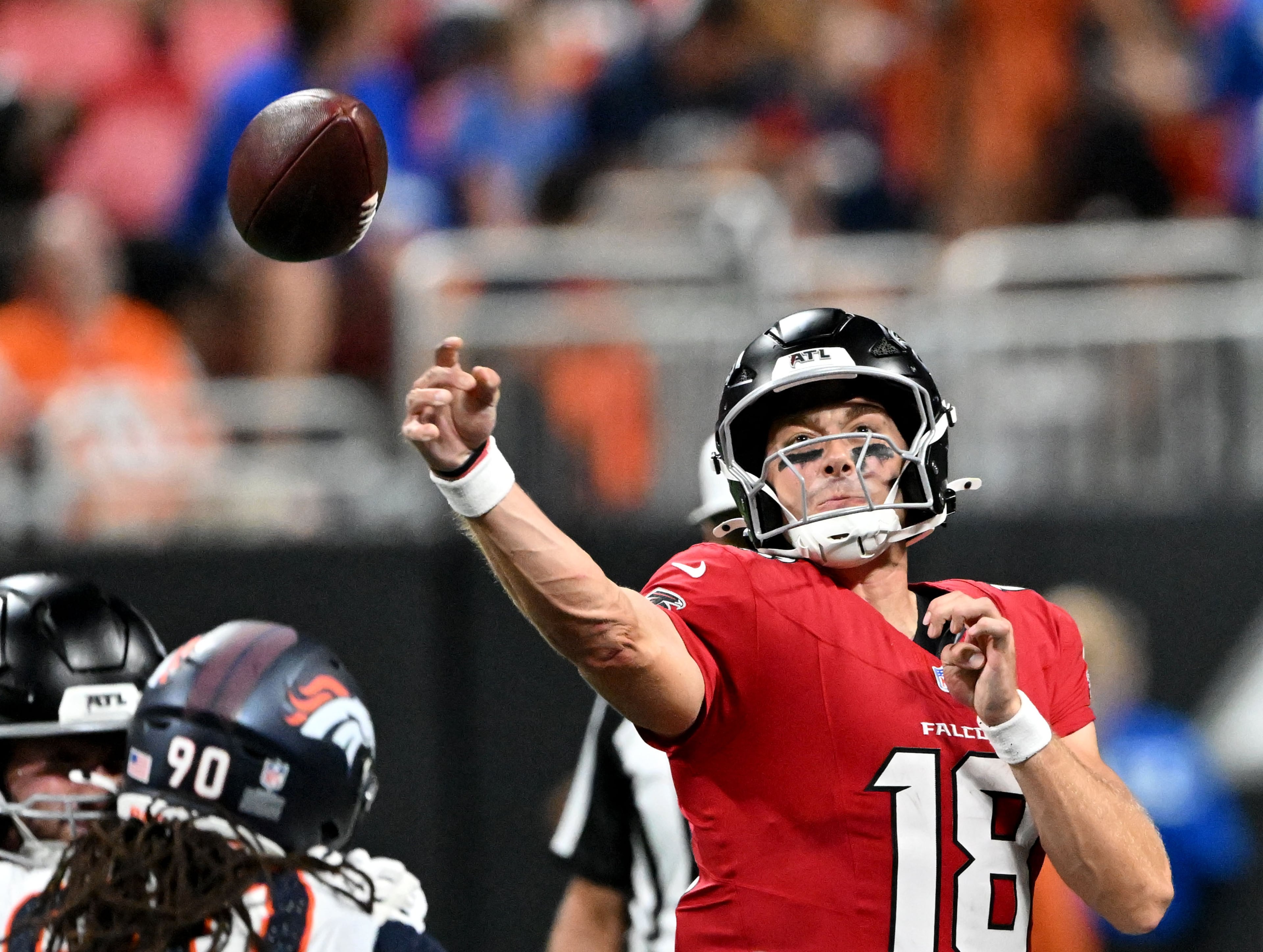 Falcons quarterback Jack Strand gets off a pass during their preseason game against the Denver Broncos at Mercedes-Benz Stadium on Friday, Aug. 14, 2026, in Atlanta. (Hyosub Shin/AJC)