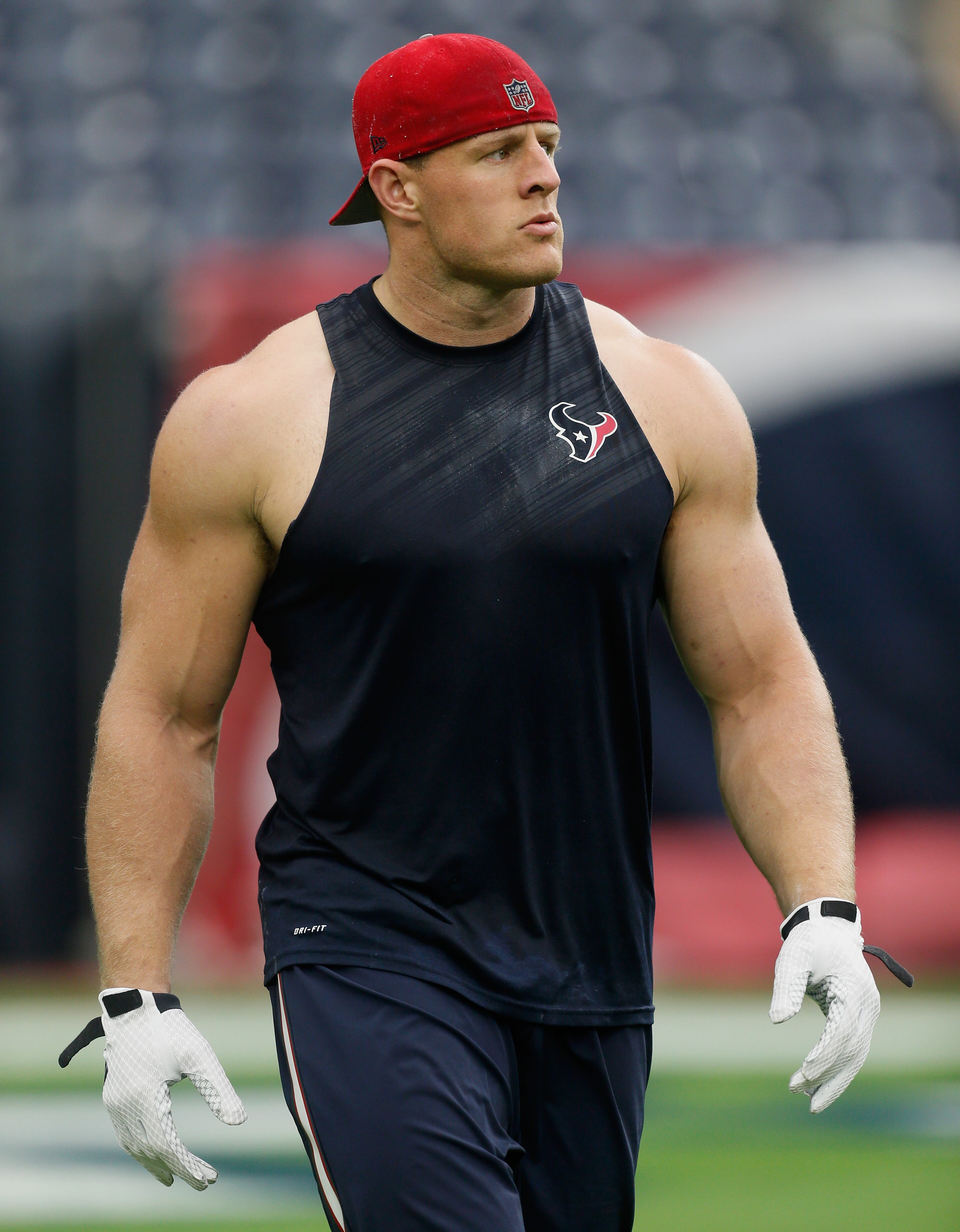 J.J. Watt of the Houston Texans warms up before playing a game against the San Francisco 49ers. (Photo by Bob Levey/Getty Images)
